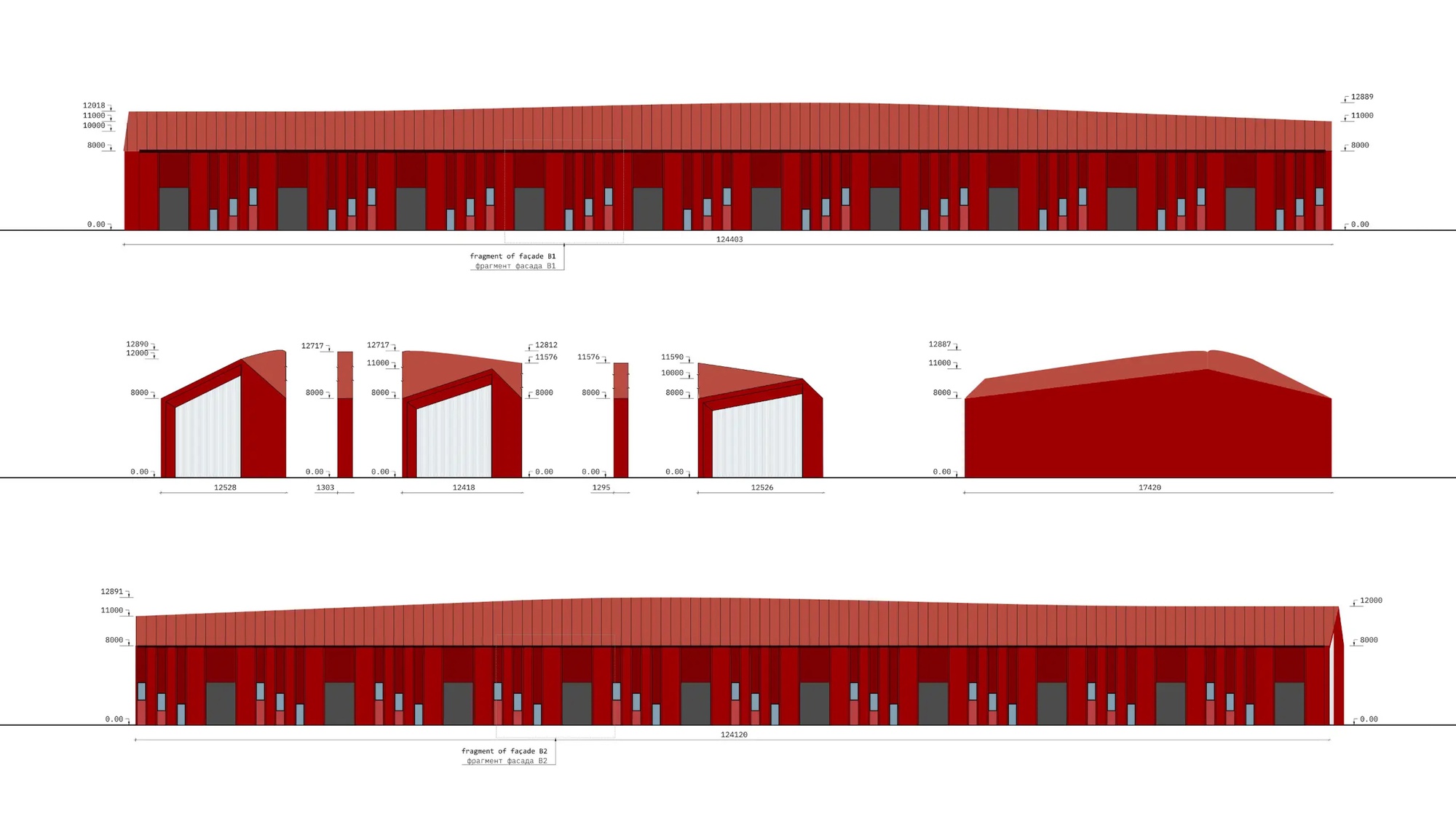 Elevation drawings showing red corrugated metal facades with rhythmic window openings and sawtooth section profiles