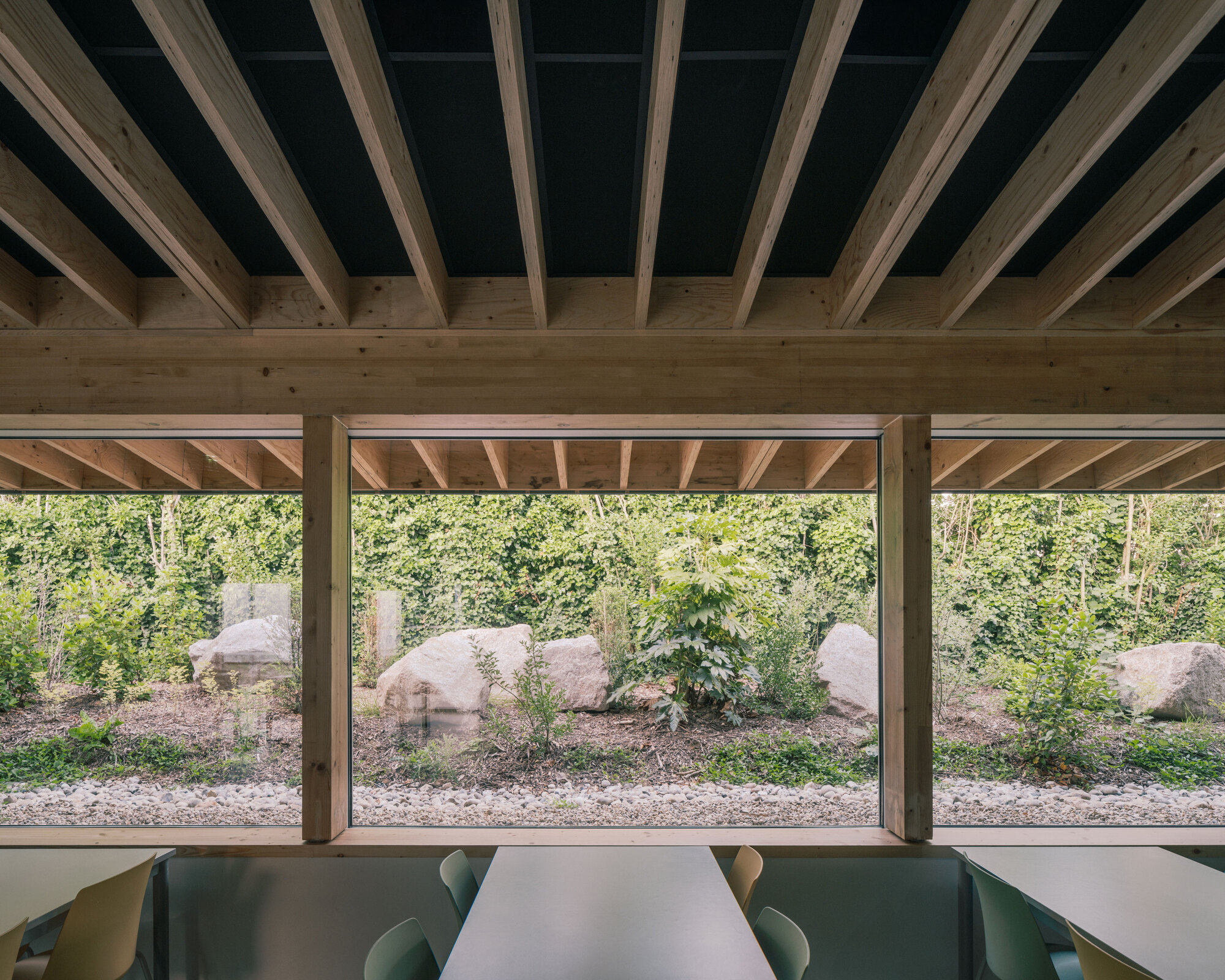 Exposed timber beams framing a view through floor-to-ceiling windows to a landscape with boulders and vegetation