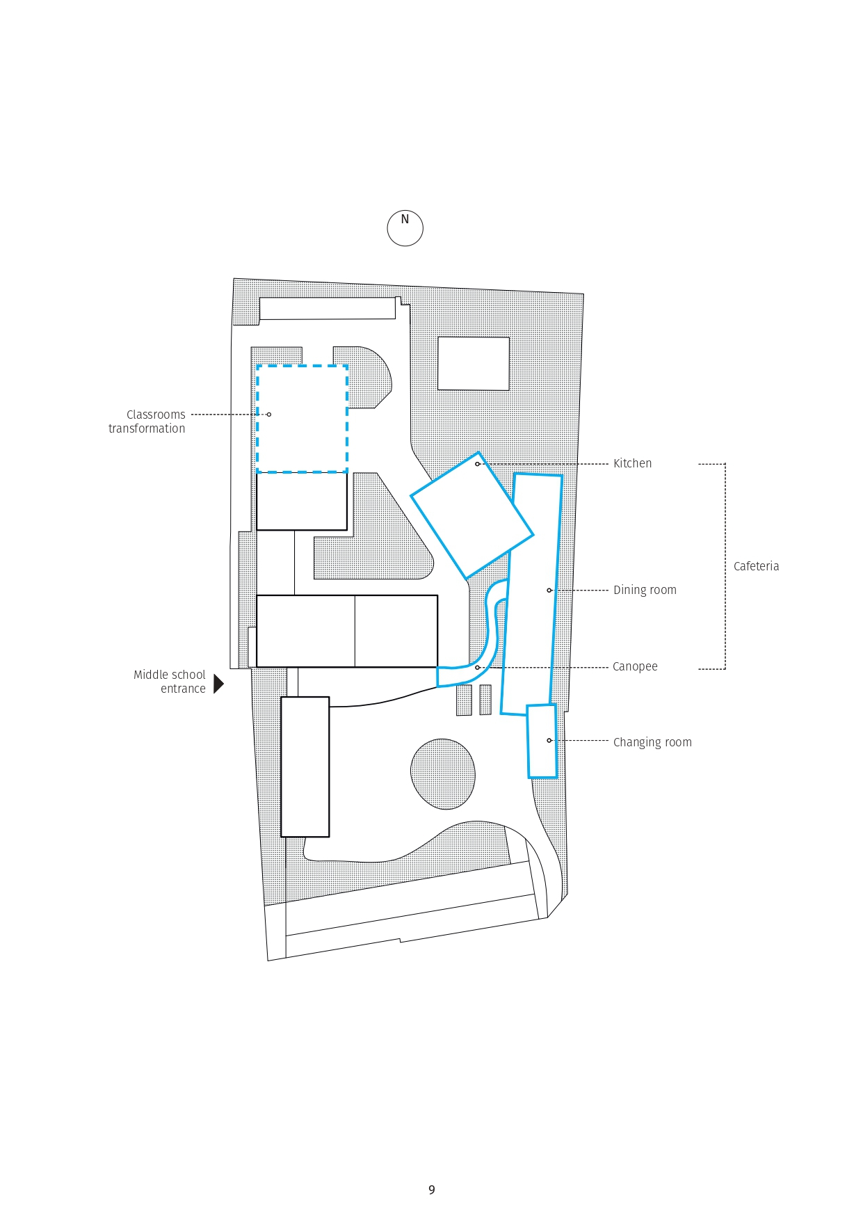 Floor plan drawing indicating kitchen, dining room, canopée, and charging room with existing structures in grey