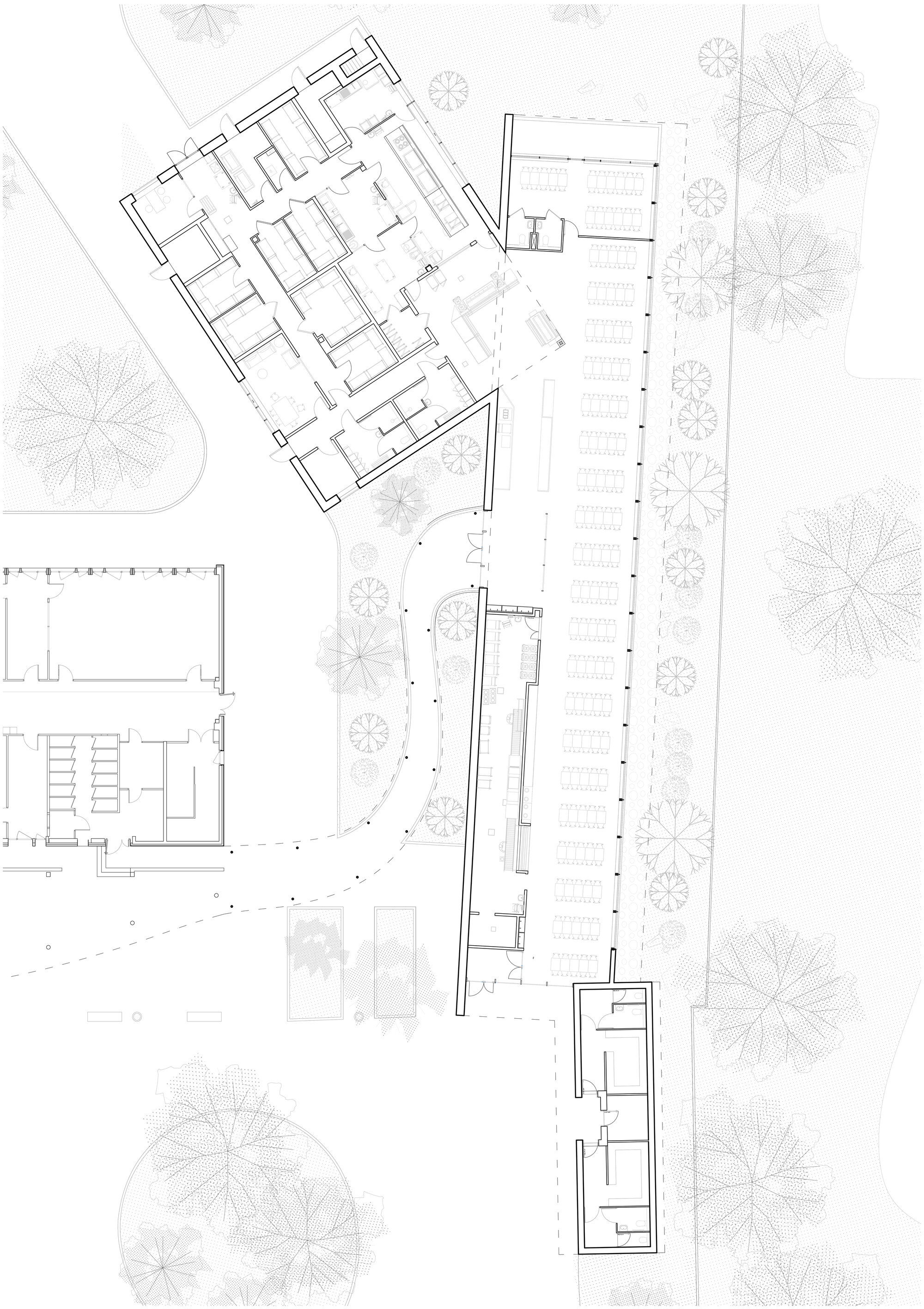 Site plan drawing depicting a cluster of buildings surrounded by circular tree canopies and pathways