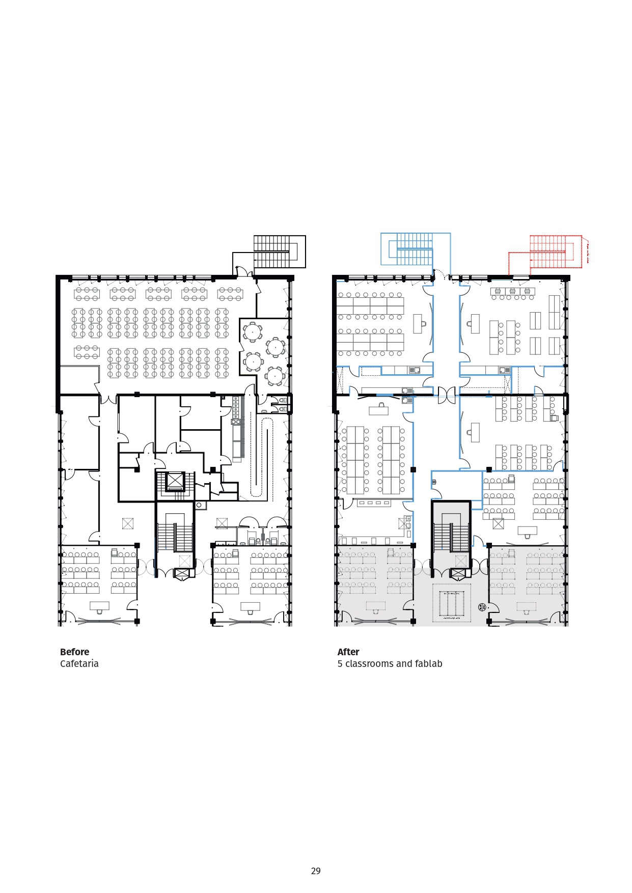 Floor plan comparison drawing showing cafeteria layout on left and classrooms with fablab on right