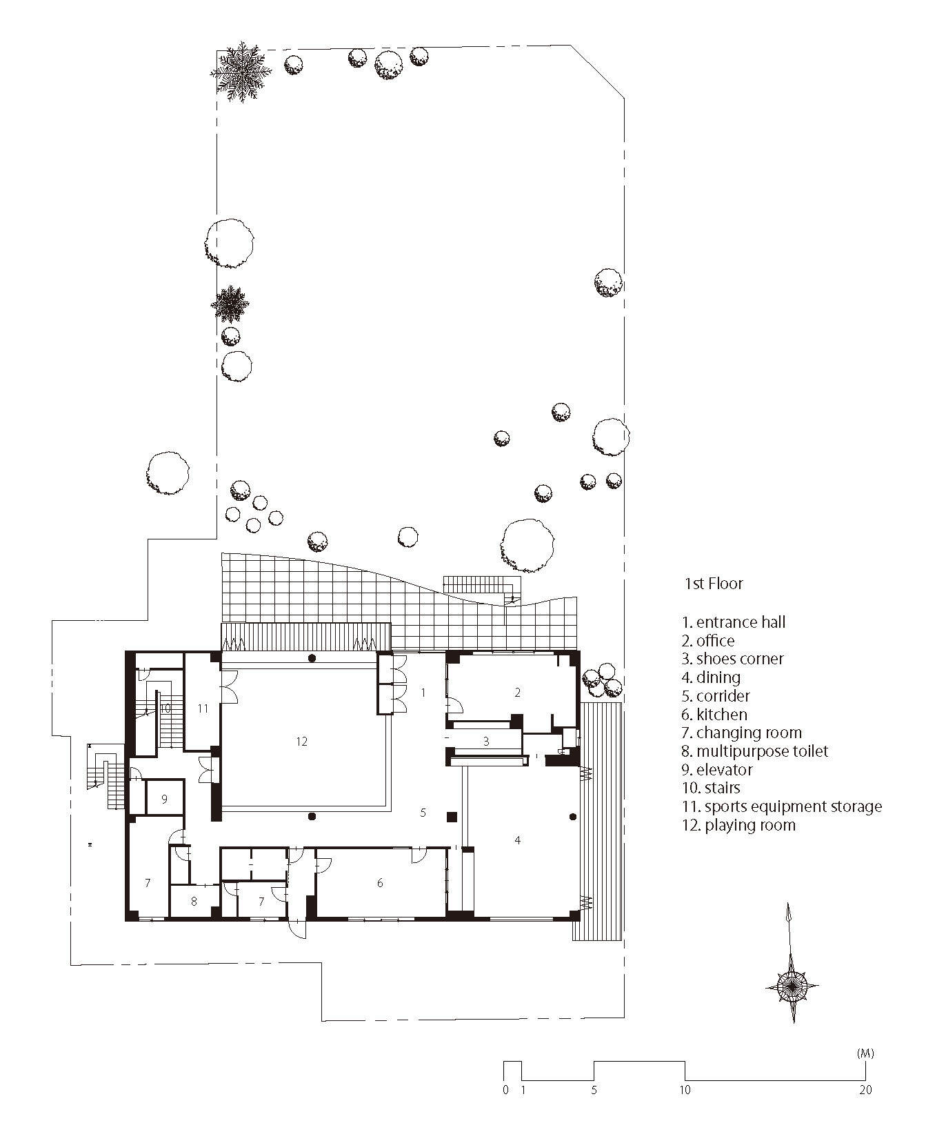 First floor plan drawing showing entrance hall, offices, dining areas and outdoor courtyard with trees