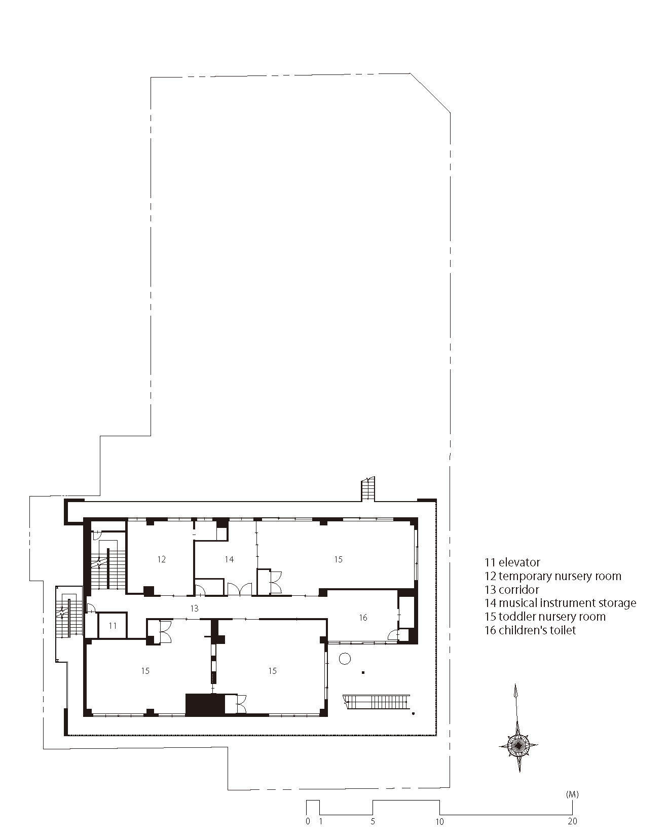 Second floor plan drawing showing nursery rooms, corridor and storage spaces around central elevator core