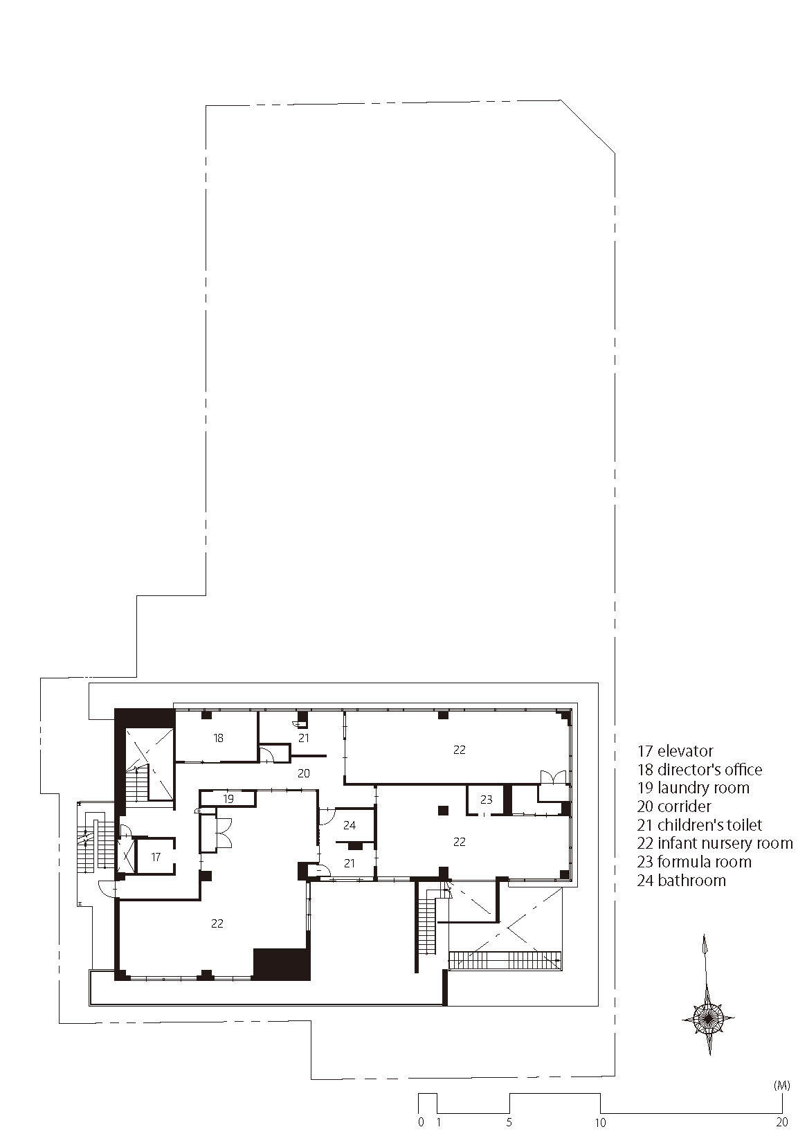 Third floor plan drawing showing office, classroom and nursery spaces with elevator and stairwell access