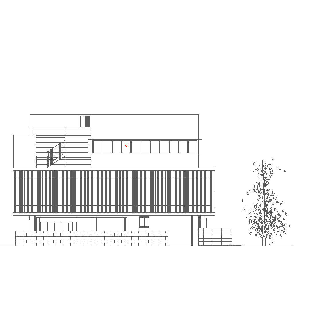 Elevation drawing showing a three-level residence with horizontal slatted cladding and a tree to the right
