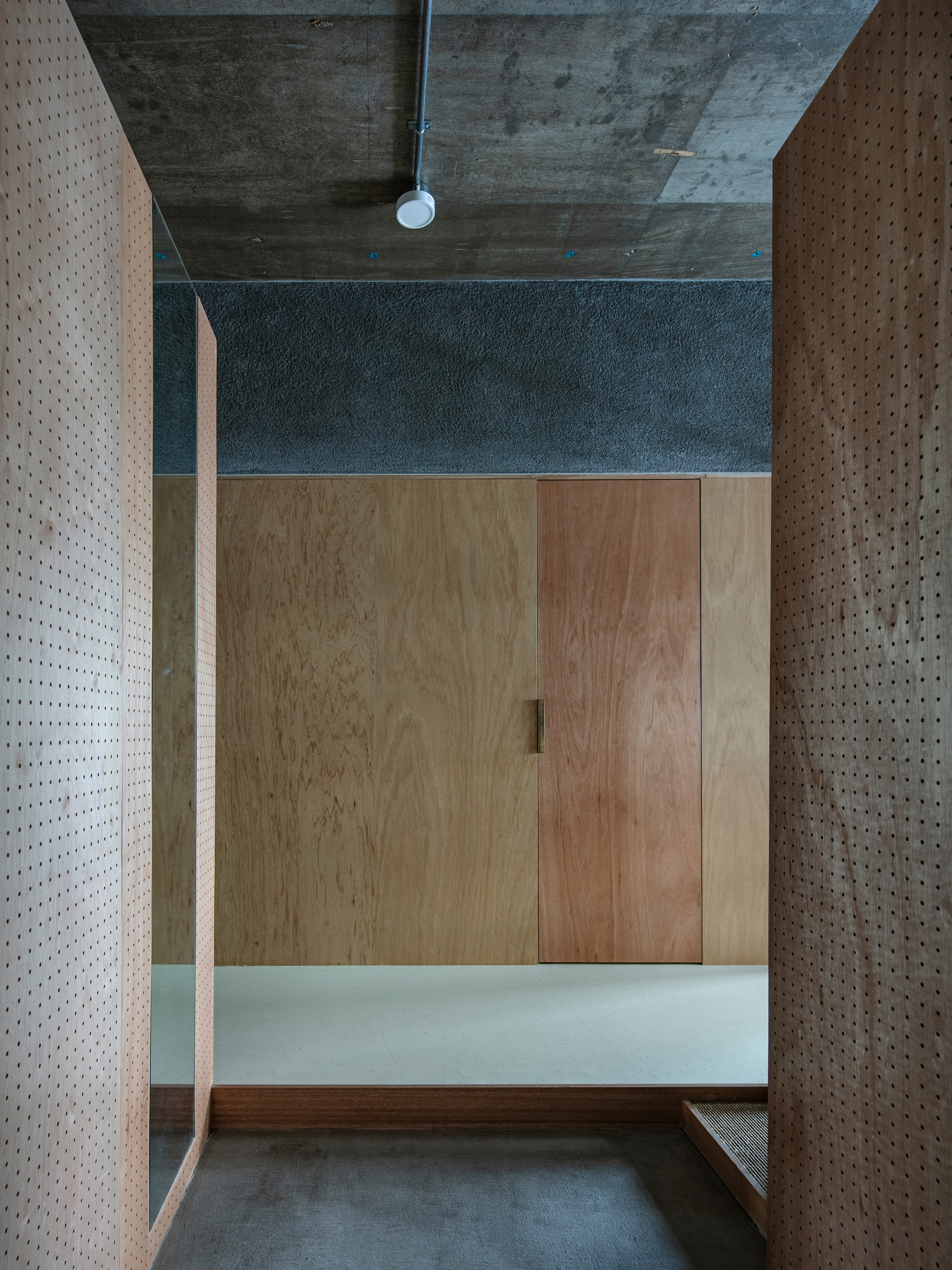 Entryway framed by pegboard walls showing plywood sliding doors and textured dark panel above