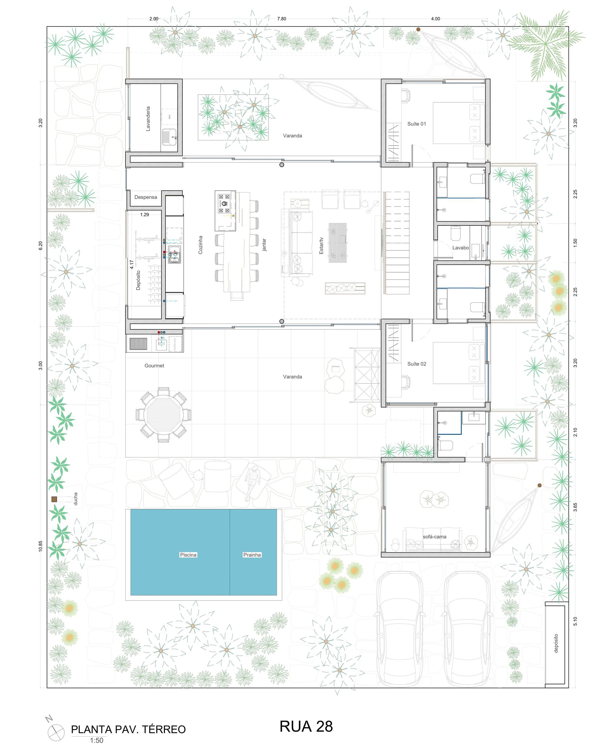 Ground floor plan drawing showing the open-plan living spaces, pool, courtyard gardens and surrounding landscaping