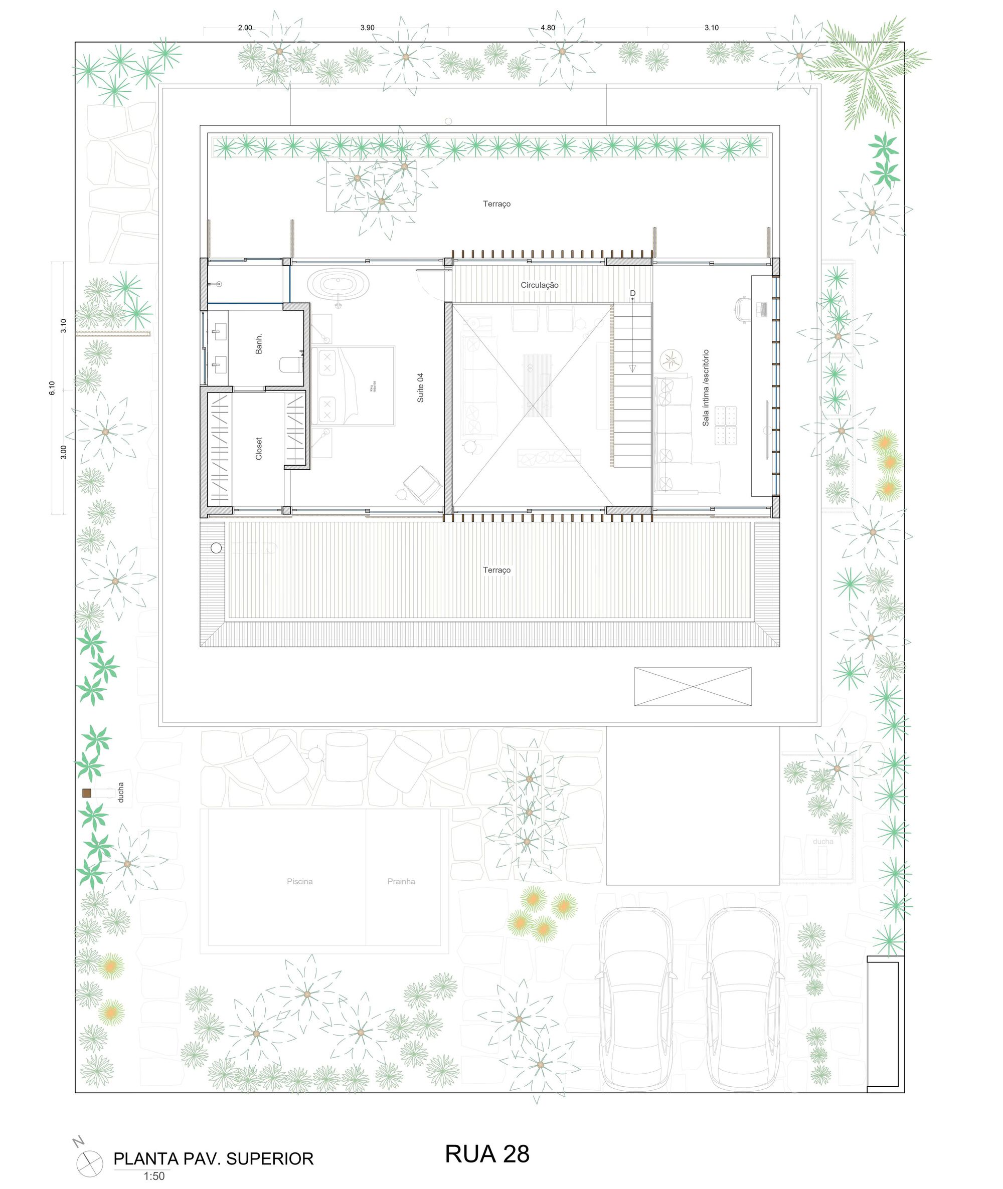 Upper floor plan drawing showing the central void, terraces, and roof garden with perimeter plantings