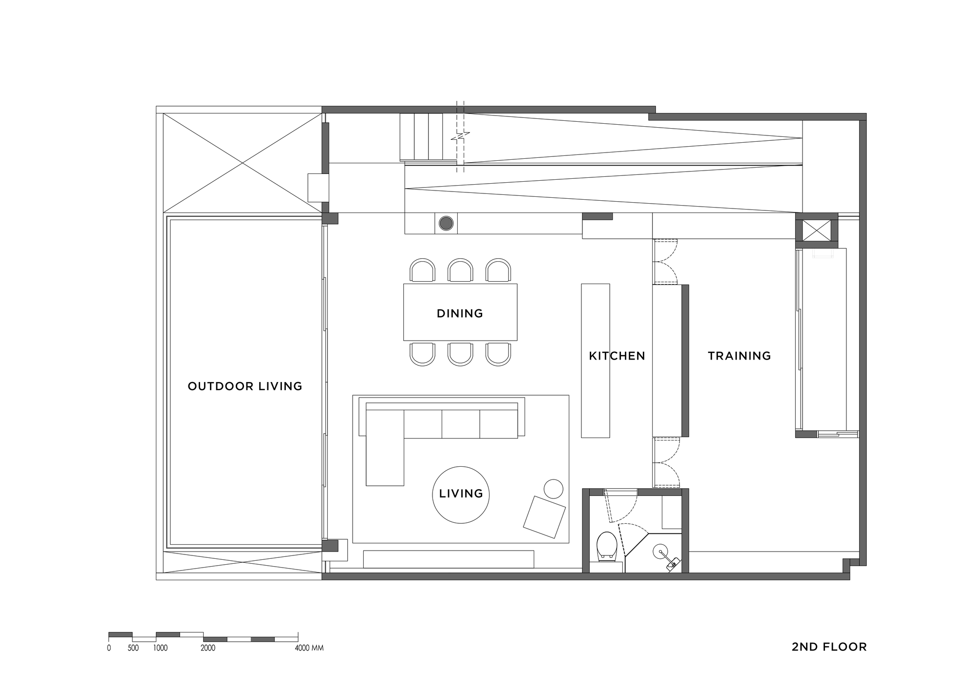 Second floor plan drawing indicating outdoor living terrace, dining area, kitchen and training room
