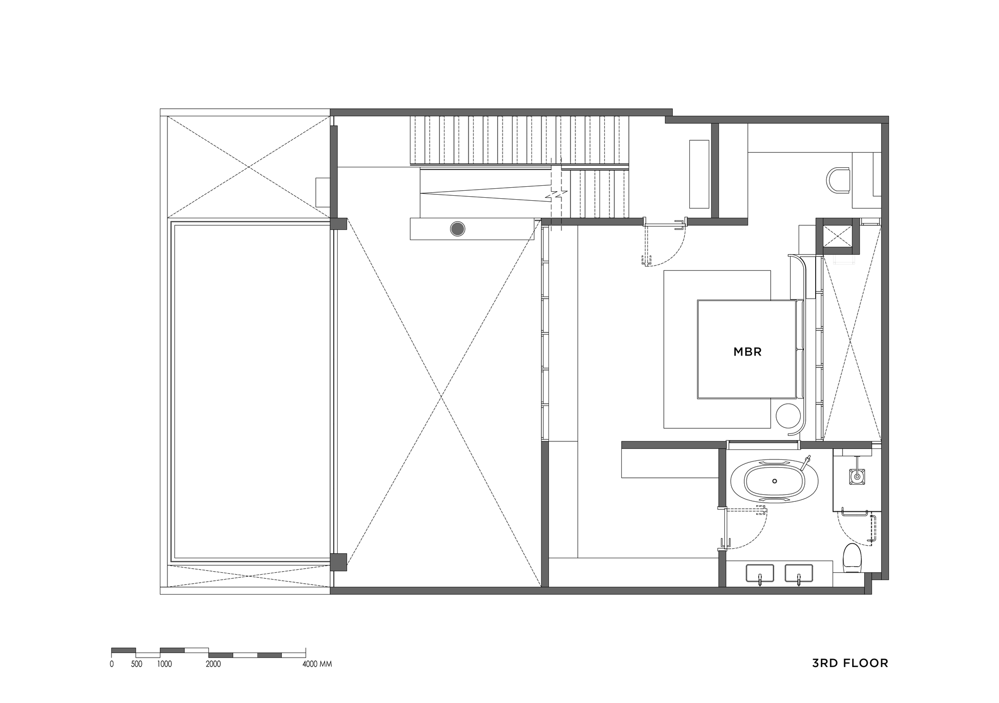 Floor plan drawing showing a terrace, staircase, master bedroom and bathroom on the third floor