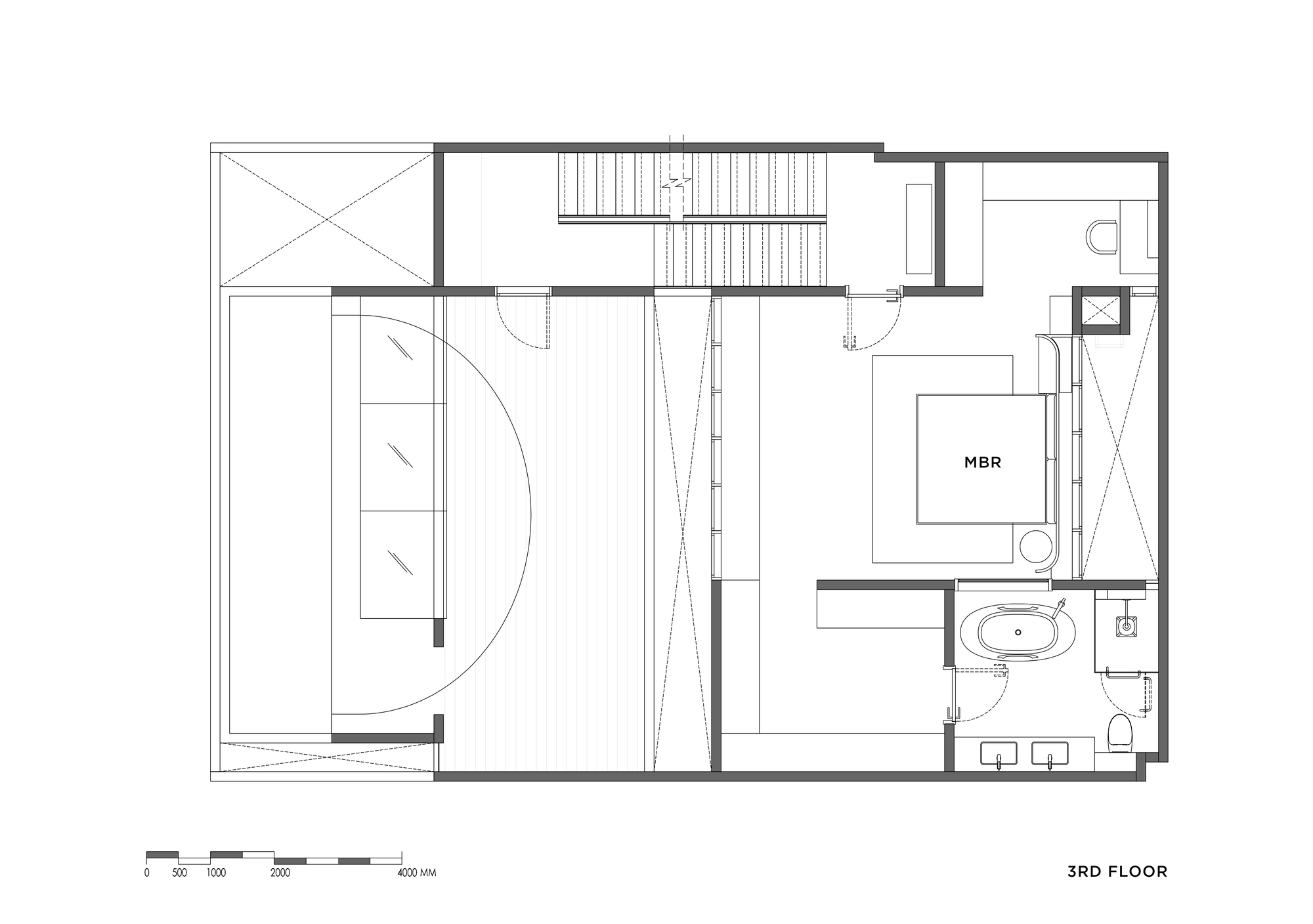 Floor plan drawing showing the same floor with curved wall storage added to the left room