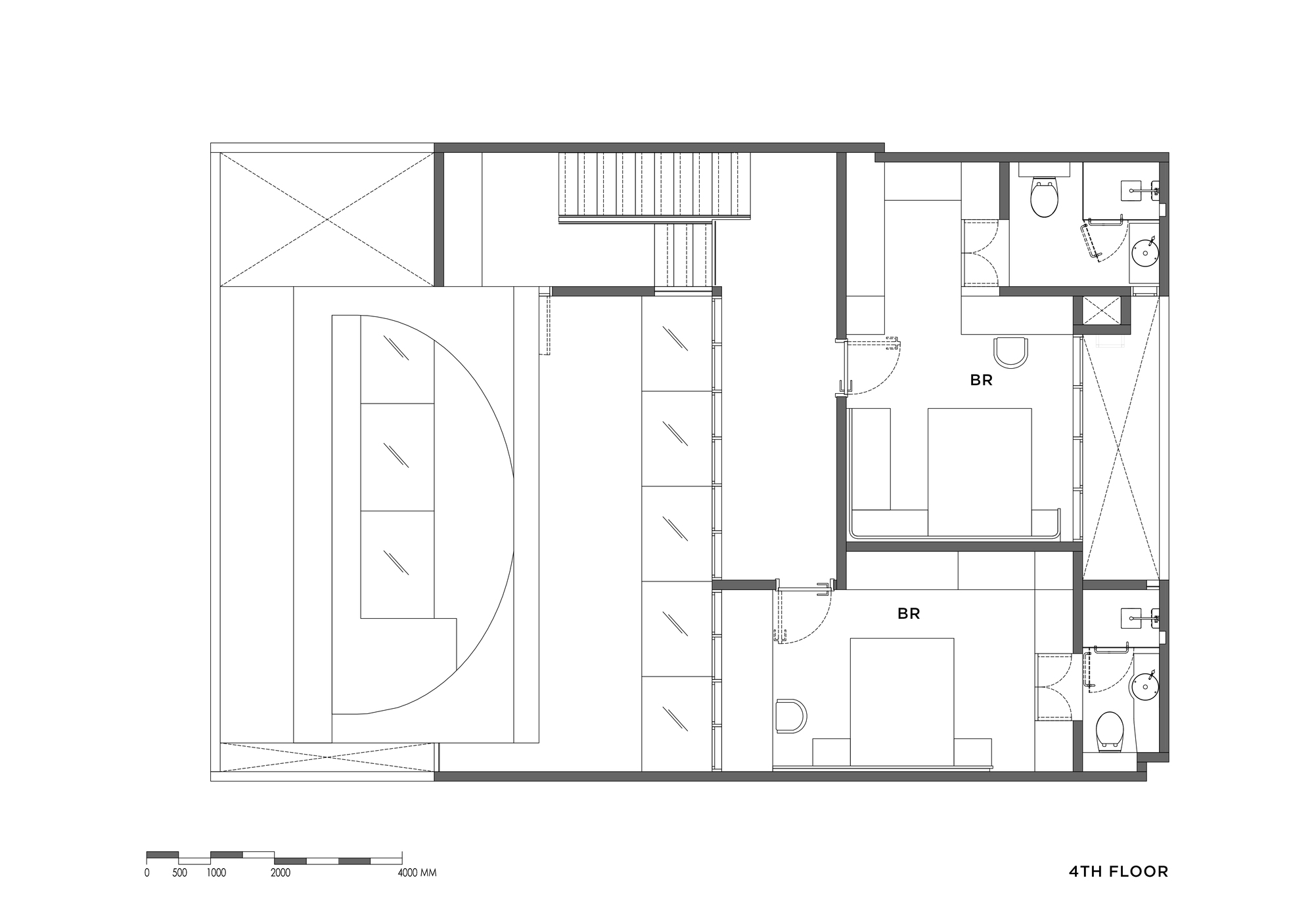 Floor plan drawing showing two bedrooms with ensuite bathrooms and a central stairwell on the fourth floor
