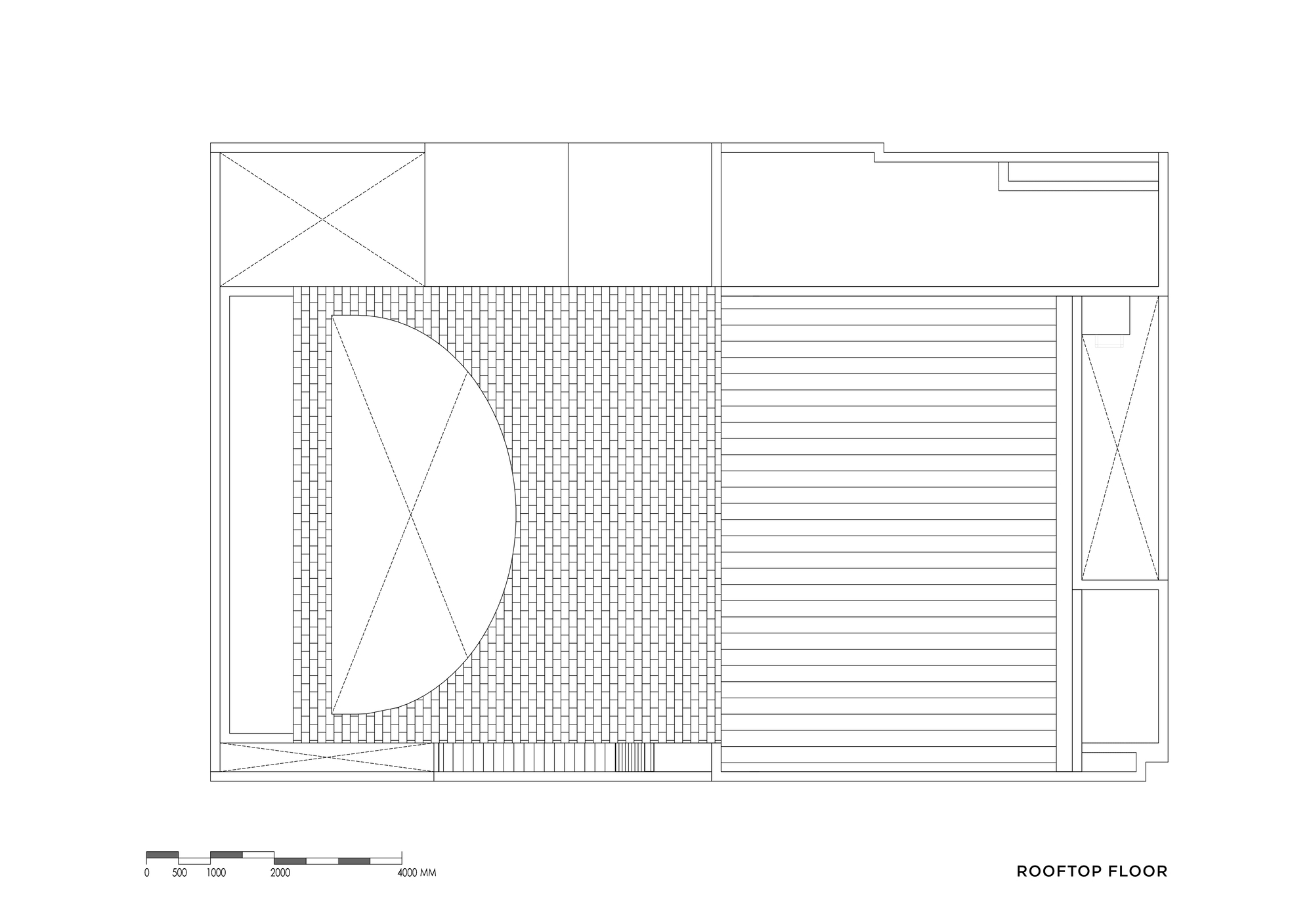 Rooftop floor plan drawing showing a terrace with tiled paving, wood decking and a small stair access