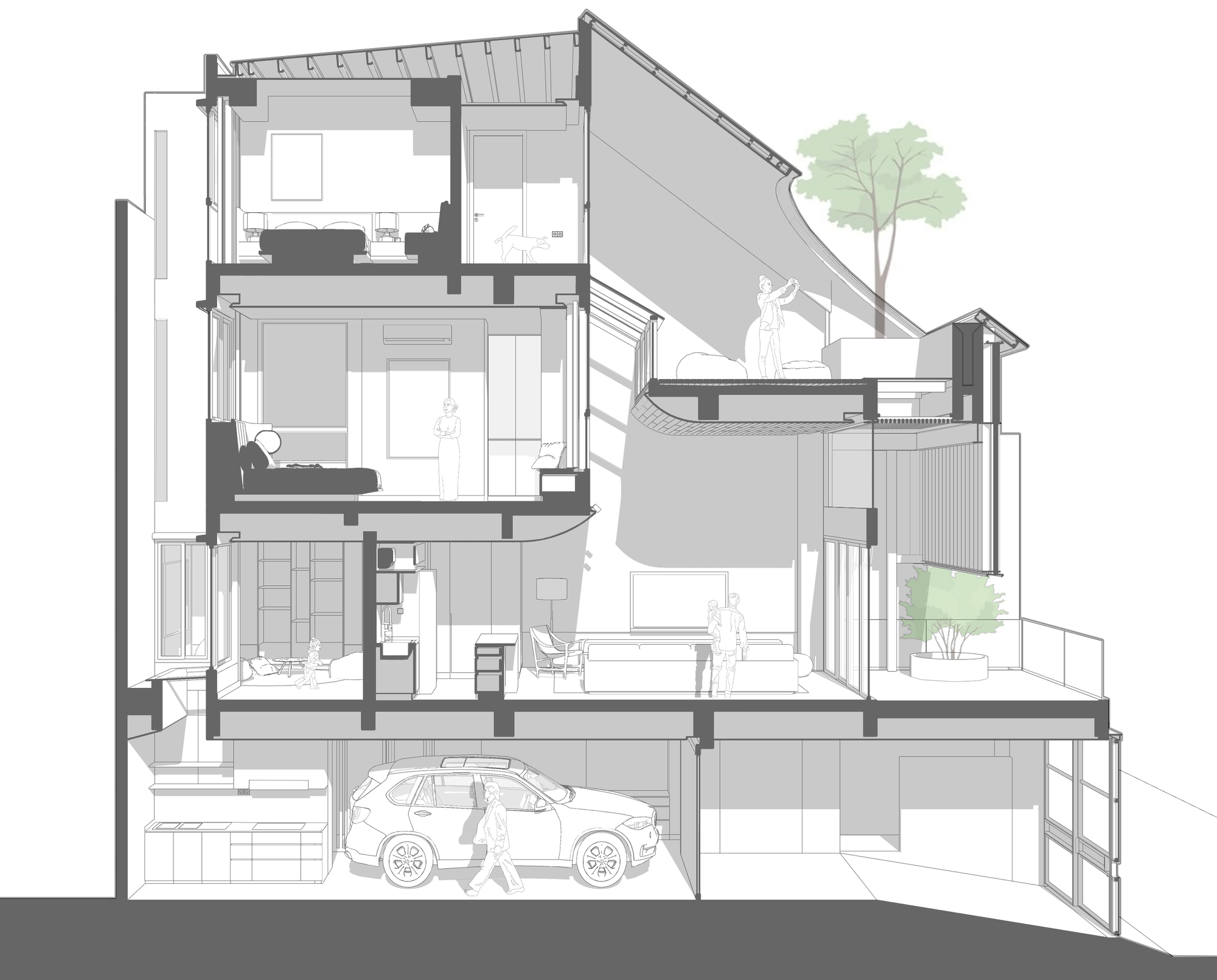 Section drawing showing five levels with interior spaces, sloping roof, rooftop terrace with tree, and parked car