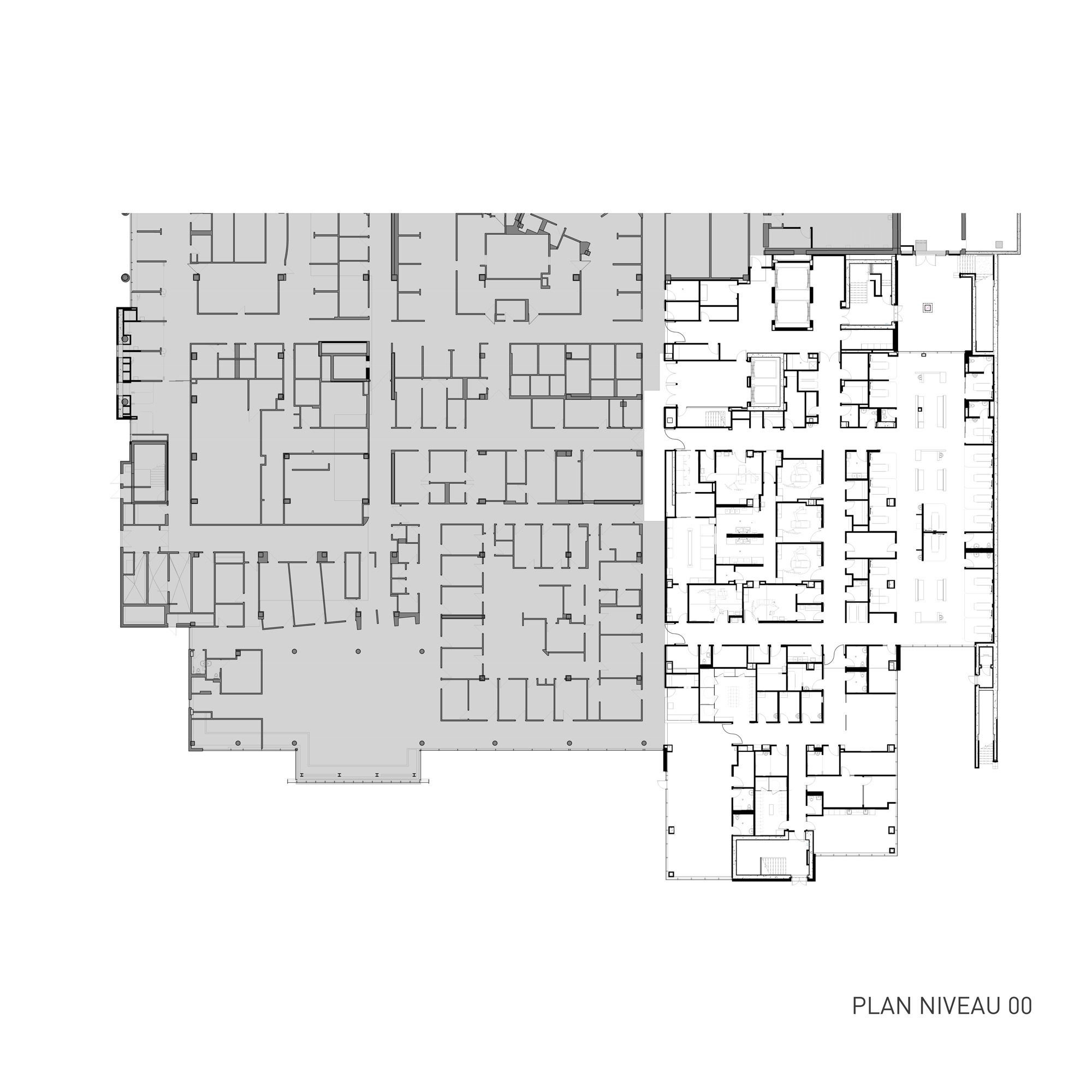 Ground floor plan drawing showing irregular perimeter with mix of open zones and cellular rooms