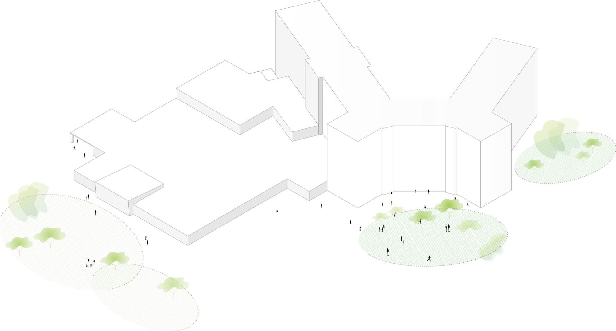 Axonometric drawing showing complex of buildings with curved facade and landscaped areas with figures and trees