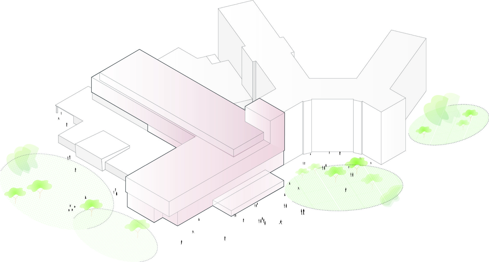 Axonometric drawing highlighting pink massing of new building volumes among existing structures with green landscaping