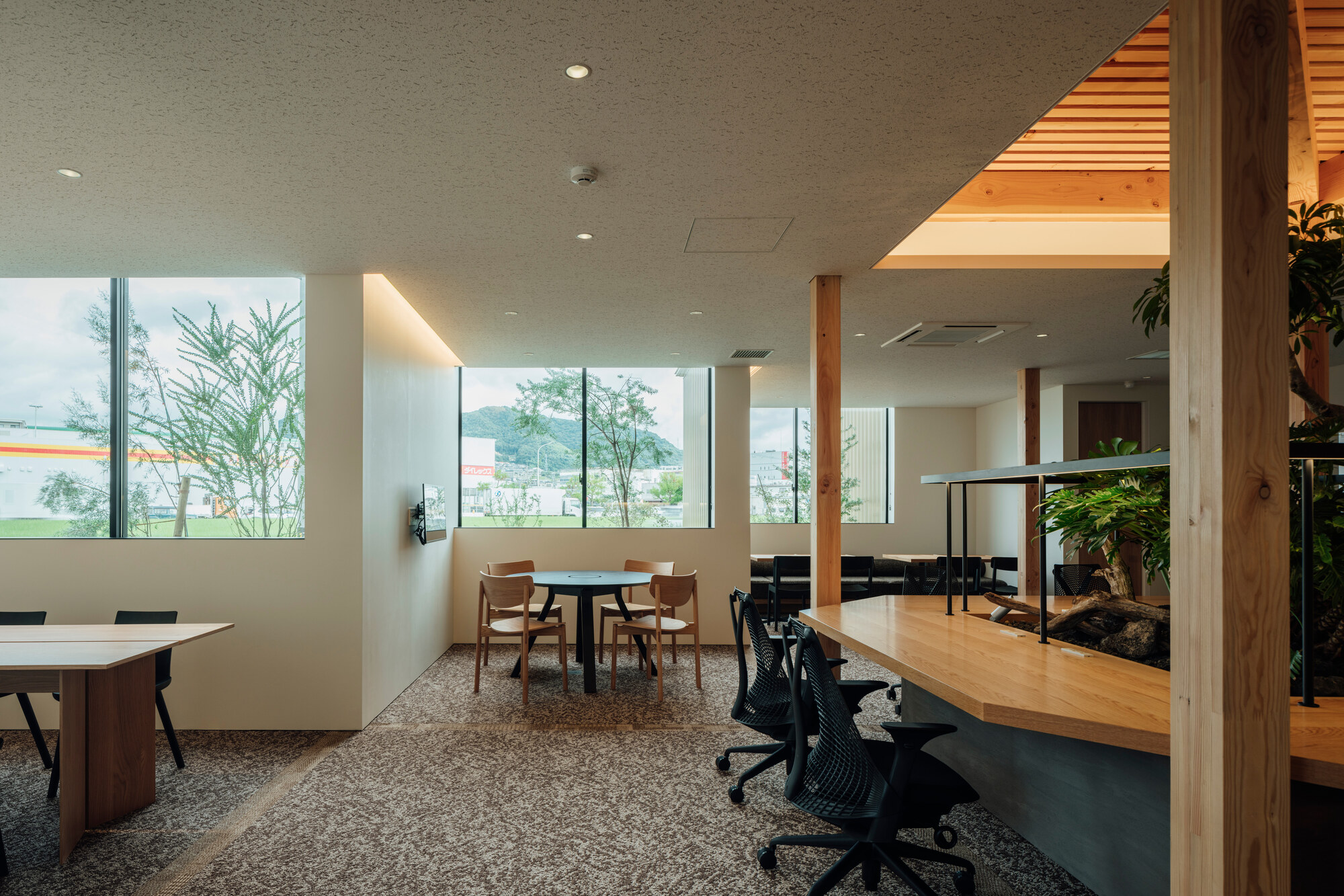 Open-plan office interior with timber columns, terrazzo flooring and horizontal windows framing distant hills