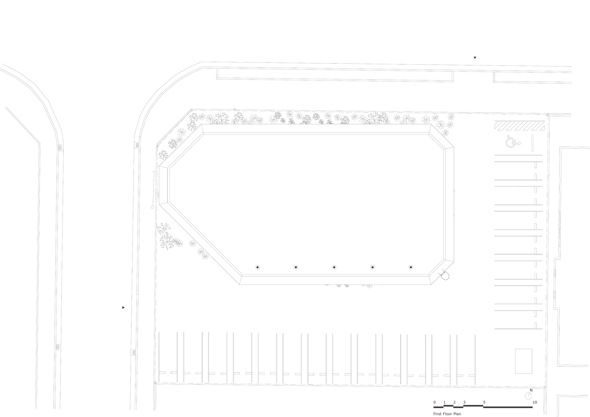 First floor plan drawing showing an octagonal pool surrounded by planted beds and parking below