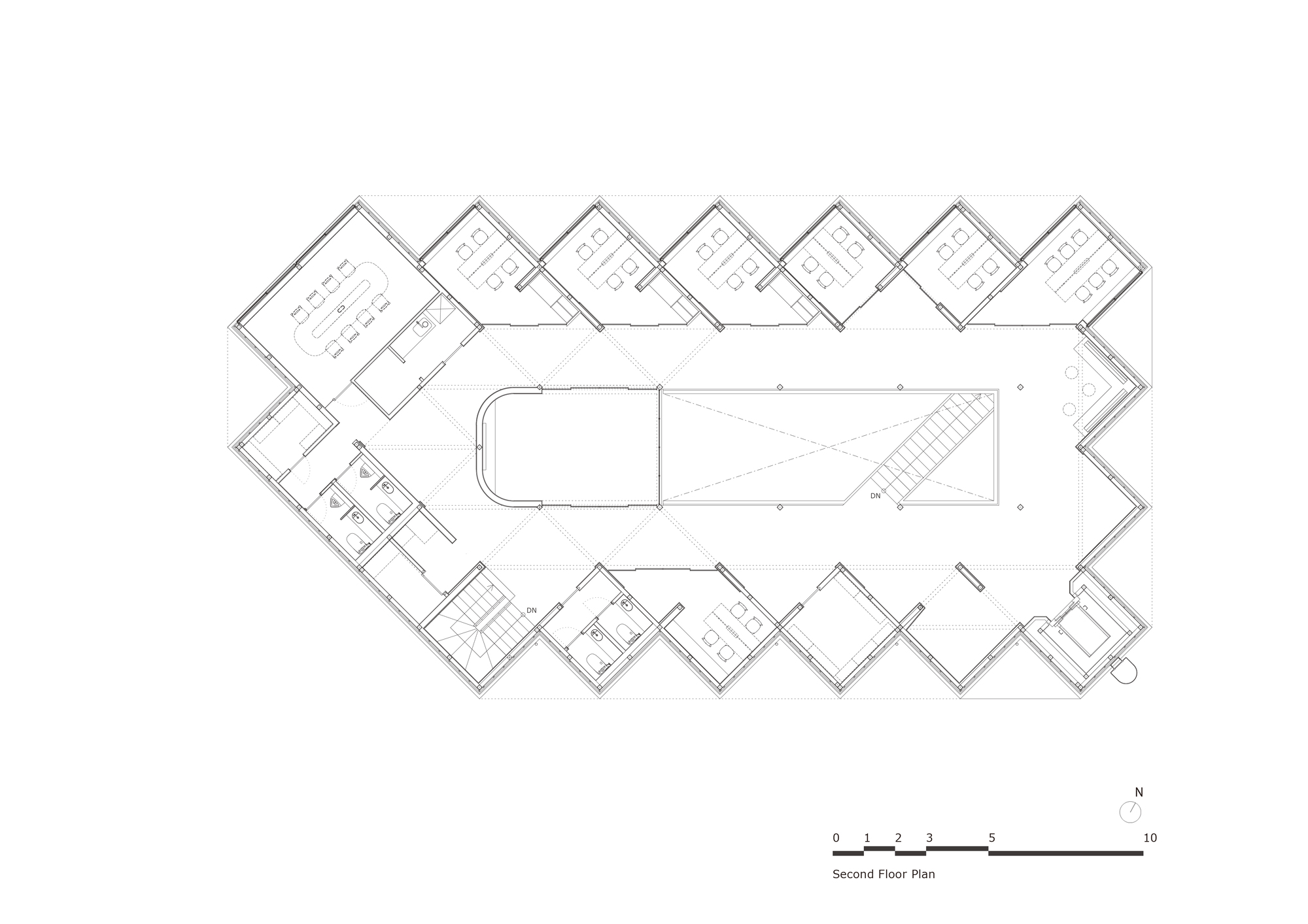 Second floor plan drawing with zigzag perimeter rooms wrapping a central pool and deck area
