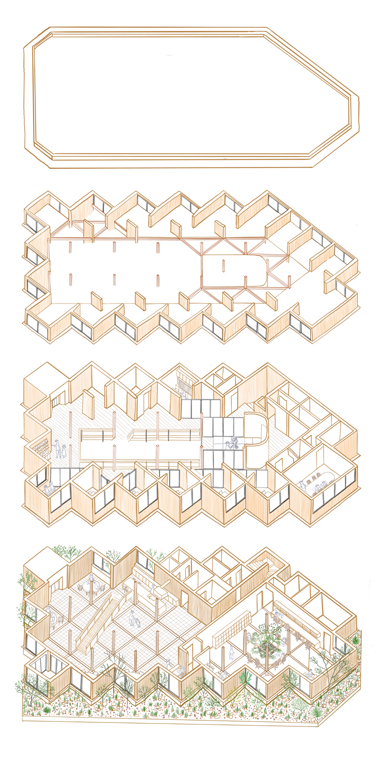Axonometric drawing stacking four levels from roof outline to furnished floor with courtyard planting
