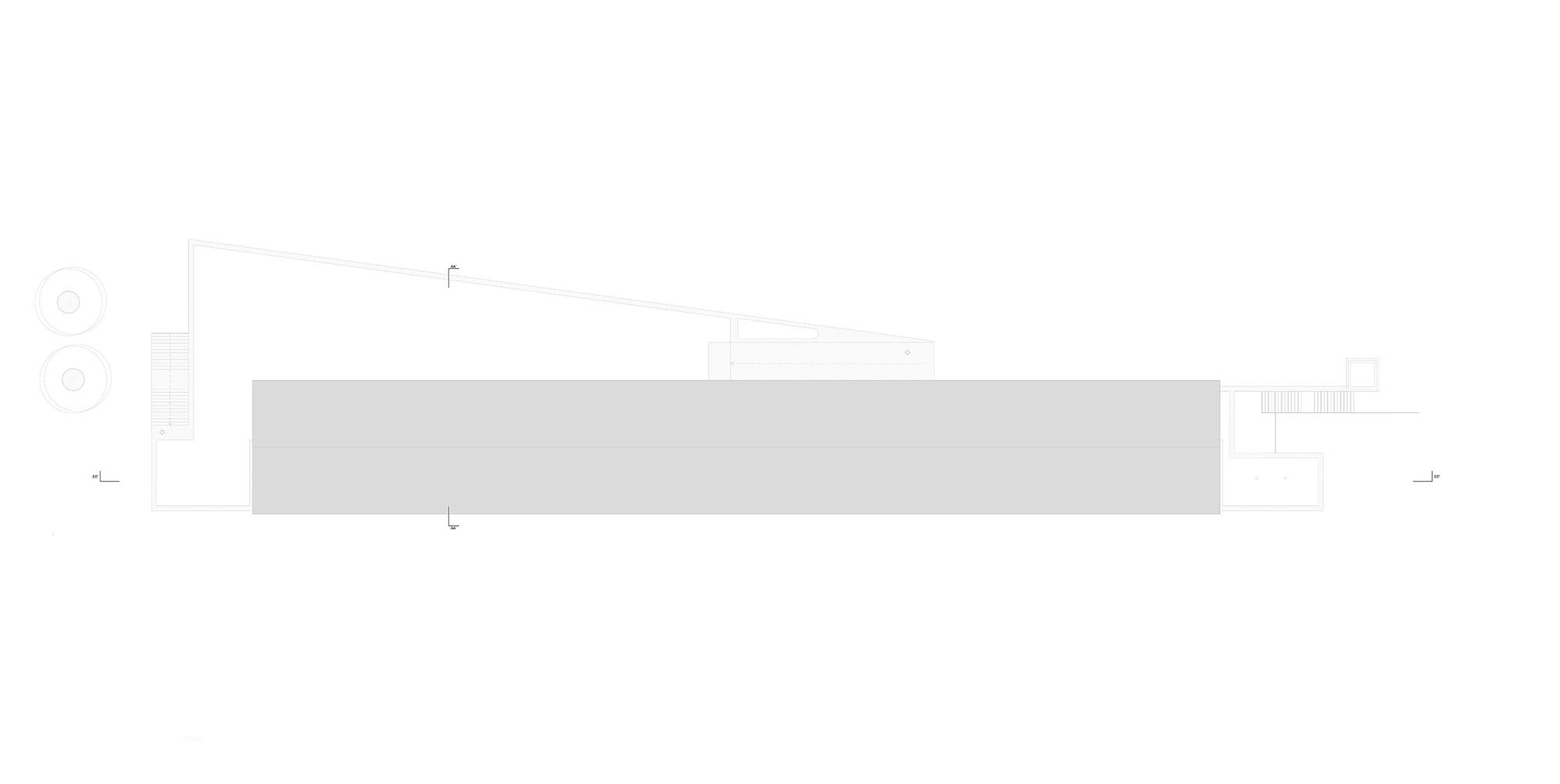 Roof plan drawing showing a rectangular volume with minimal details and service areas at edges