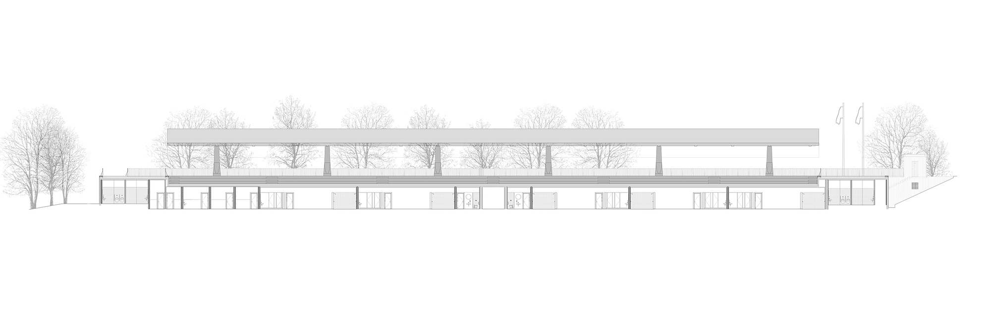 Elevation drawing showing a two-story structure with upper-level colonnade and planted trees at ground level