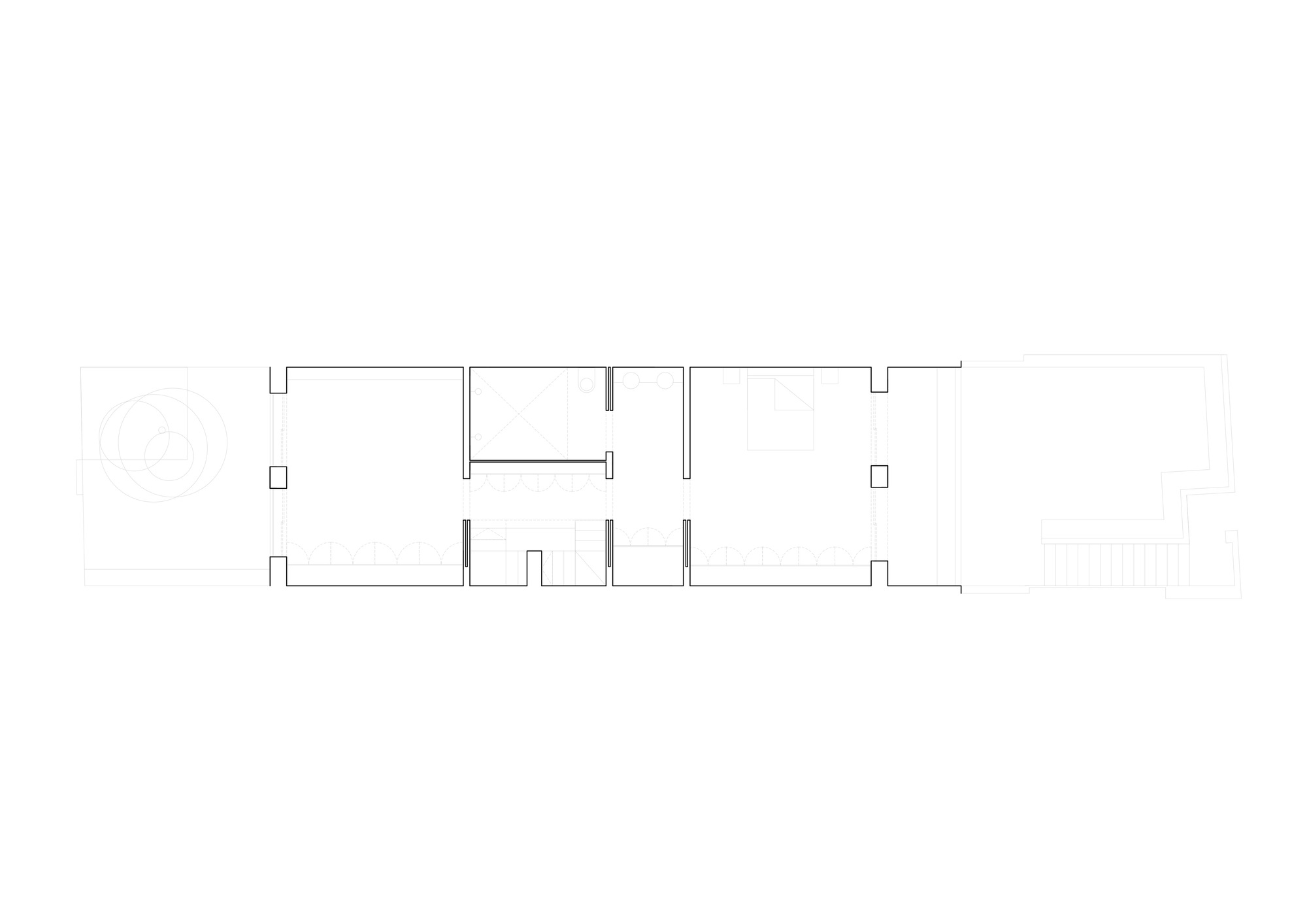 Floor plan drawing showing rectangular layout with rooms and central circulation zones