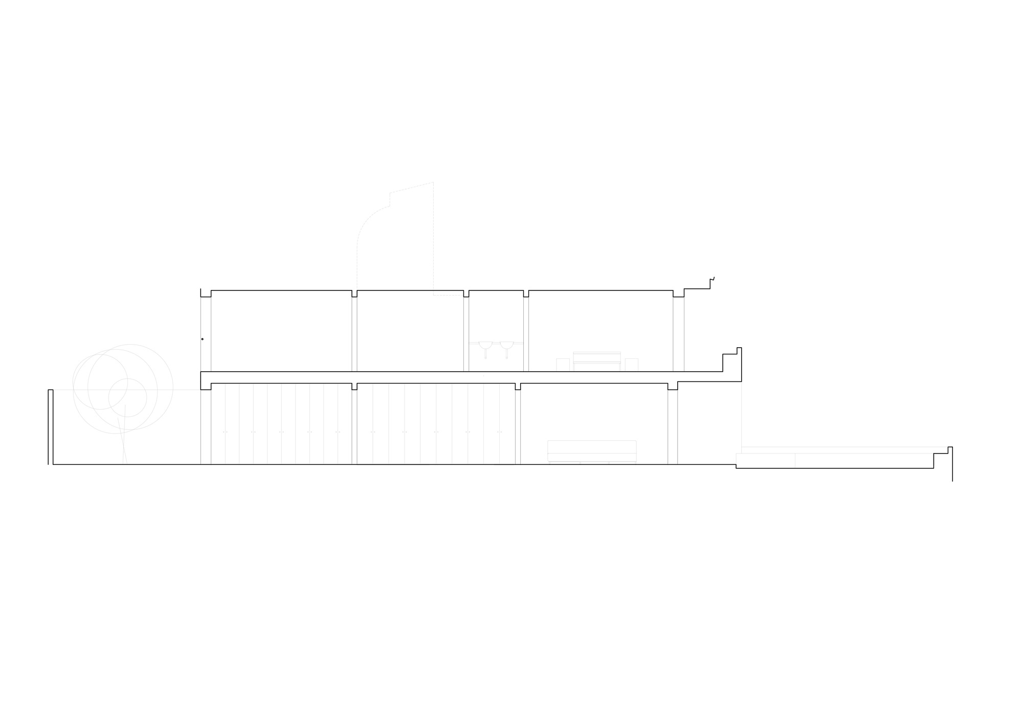 Section drawing showing two-level interior with horizontal floor plates and vertical circulation