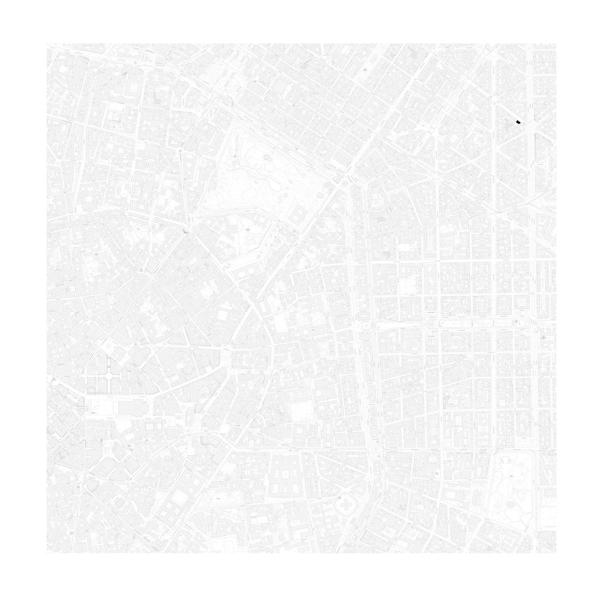 Site plan drawing showing the building footprint within the surrounding urban street grid