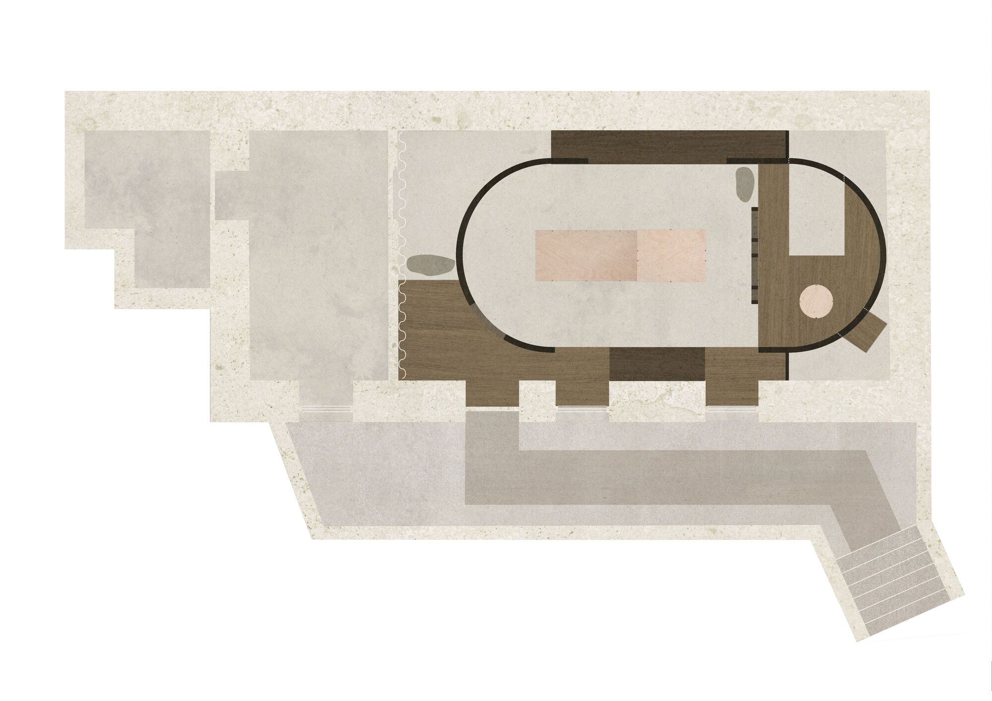 Floor plan drawing with an oval central space flanked by rectangular volumes and exterior stair