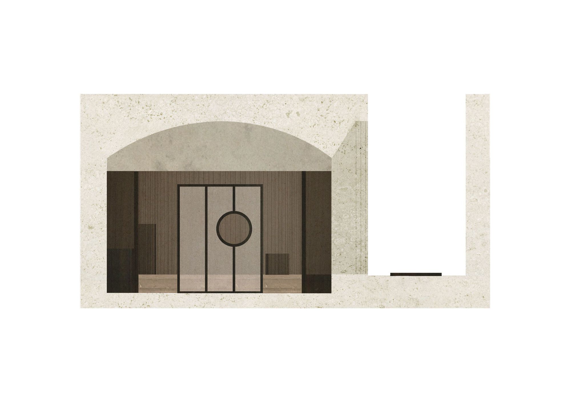 Section drawing showing an arched vaulted space with vertical partitions and a circular opening
