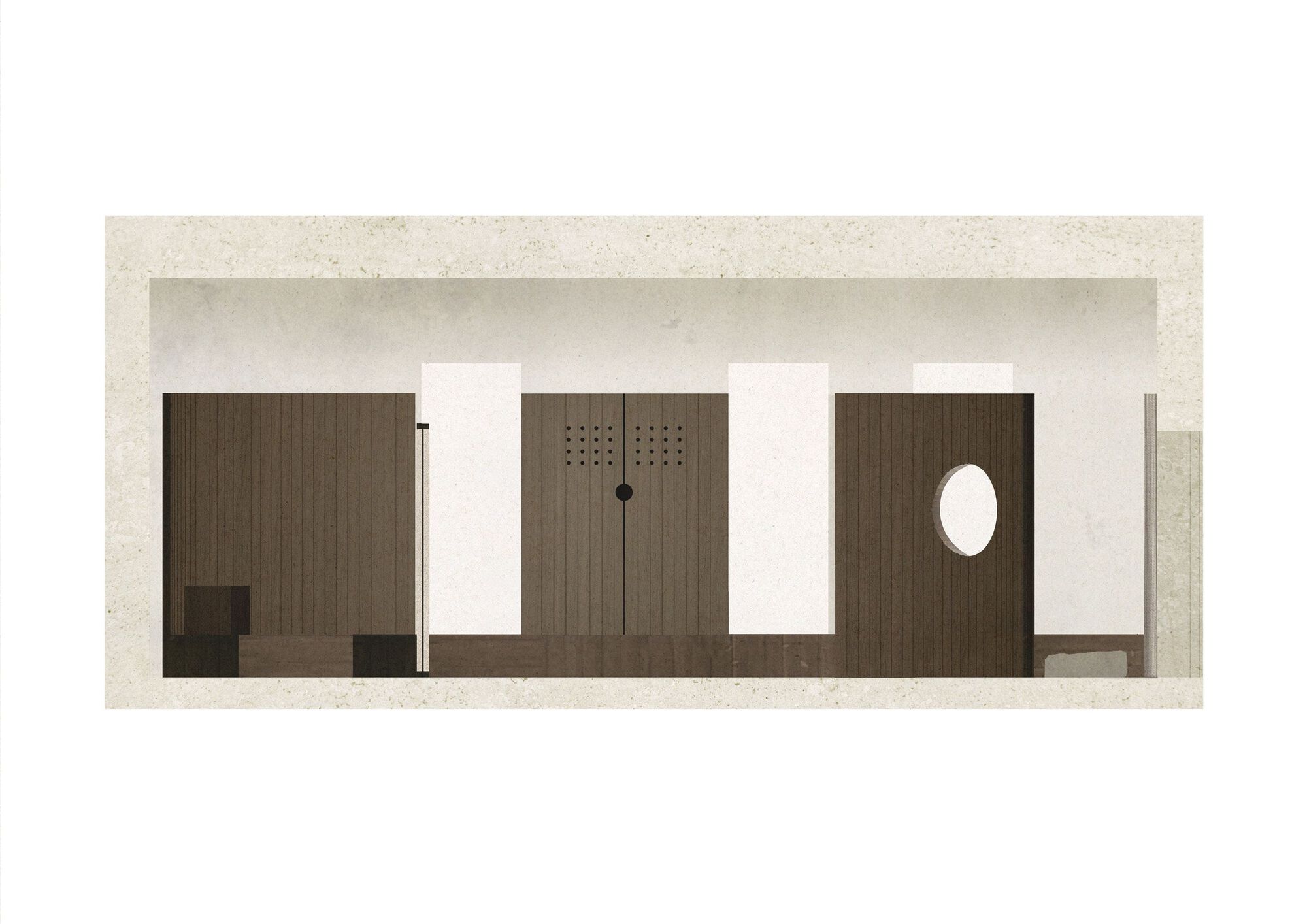 Longitudinal section drawing revealing timber-clad interior volumes with perforated panels and circular openings