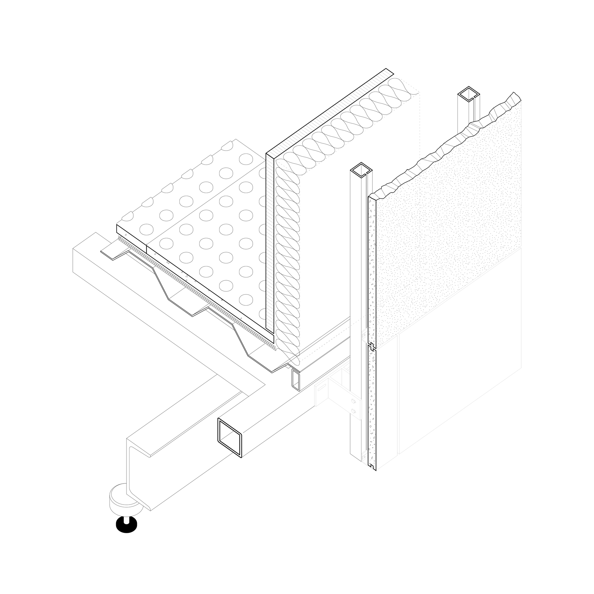 Isometric drawing showing panel assembly with perforated surface, structural frame, and suspended globe fixture