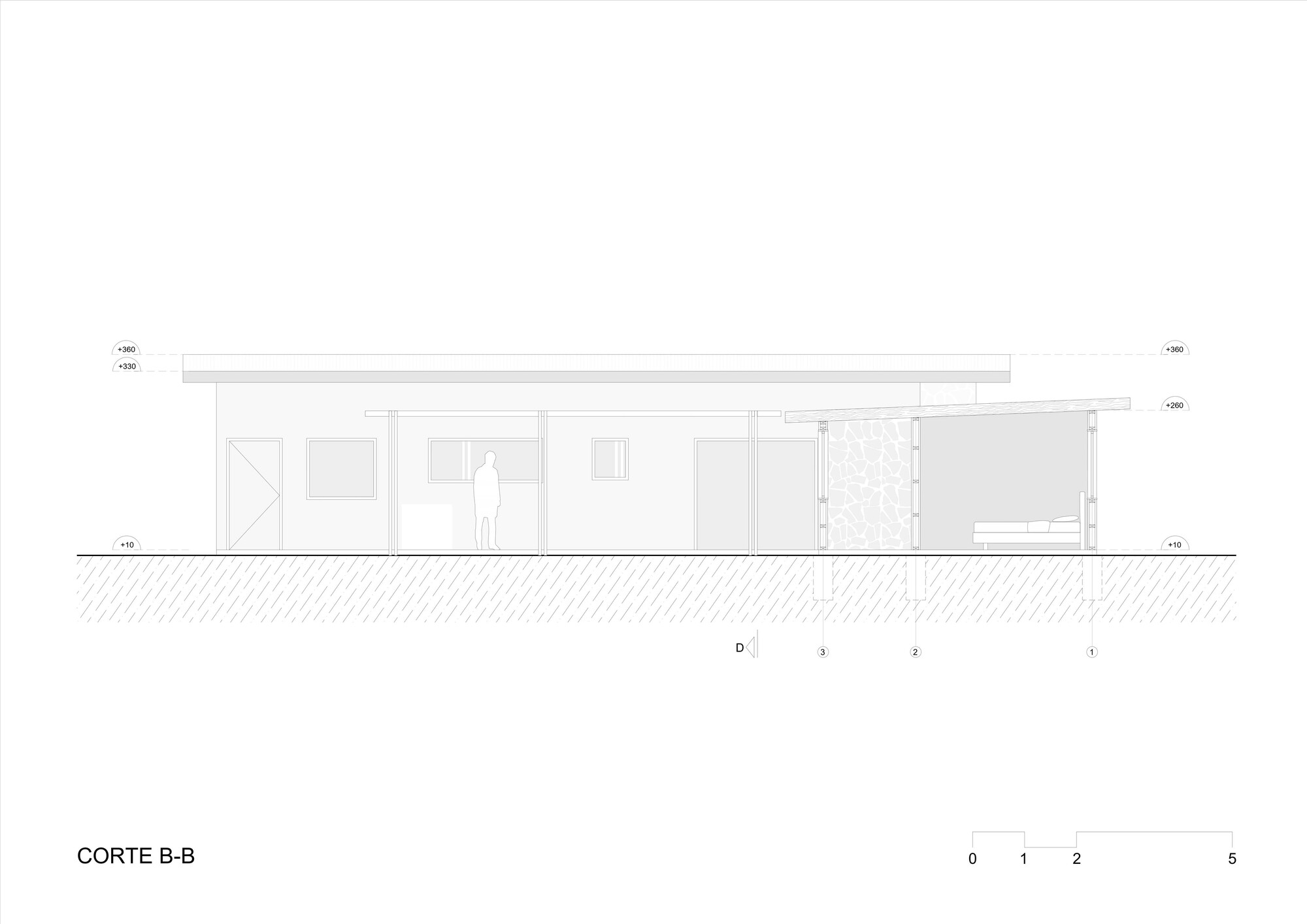 Section drawing revealing interior room divisions with perforated screen wall and varied ceiling heights