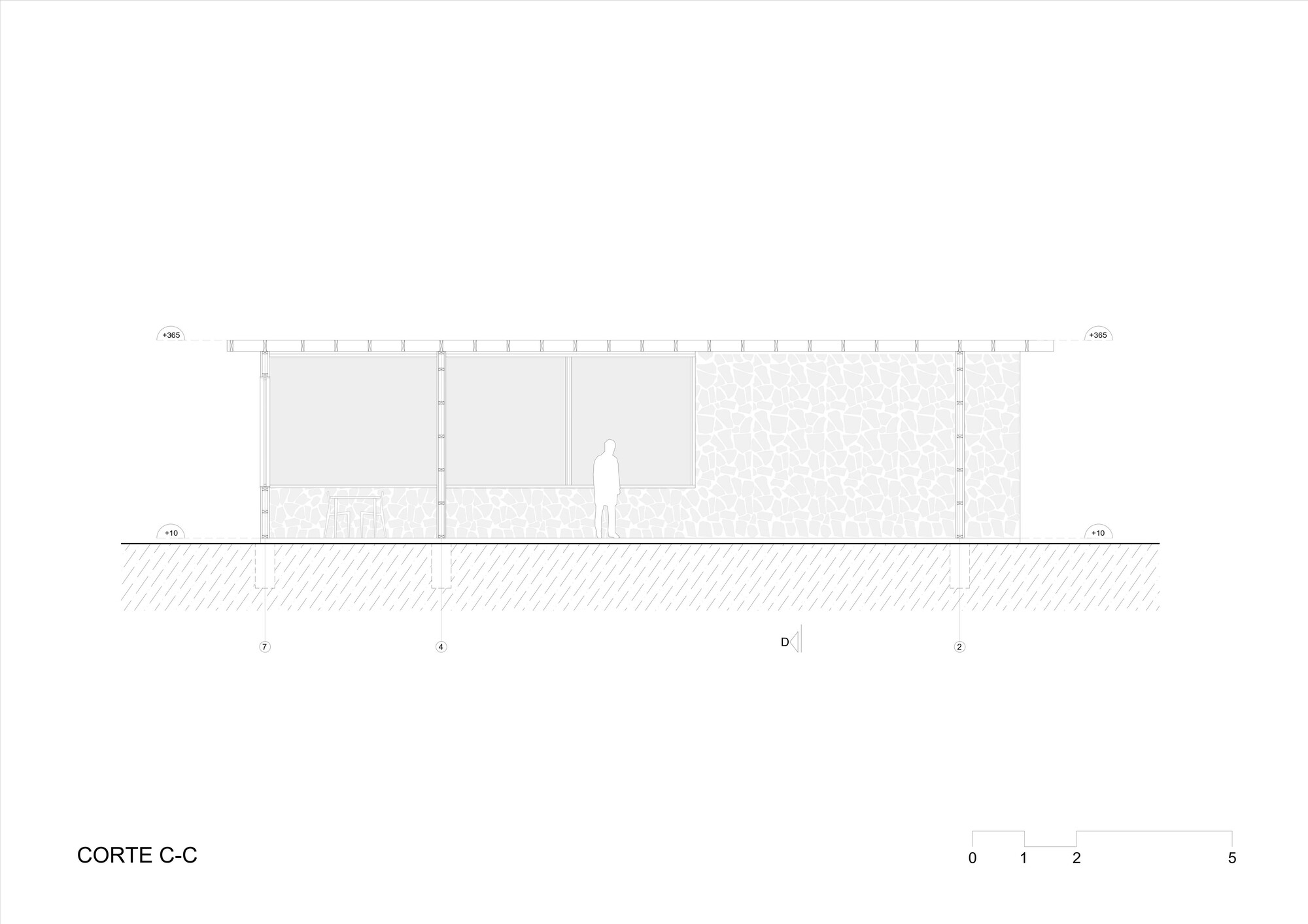 Section drawing displaying open interior space with textured wall panels and continuous roofline