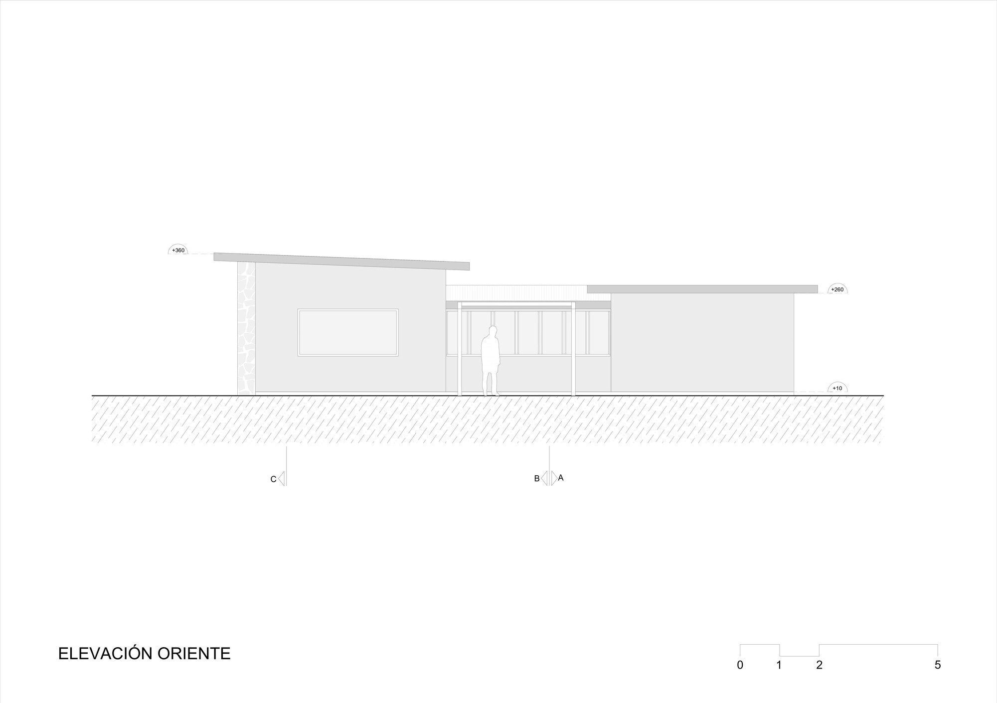 East elevation drawing depicting offset roof volumes with vertical slatted screen element