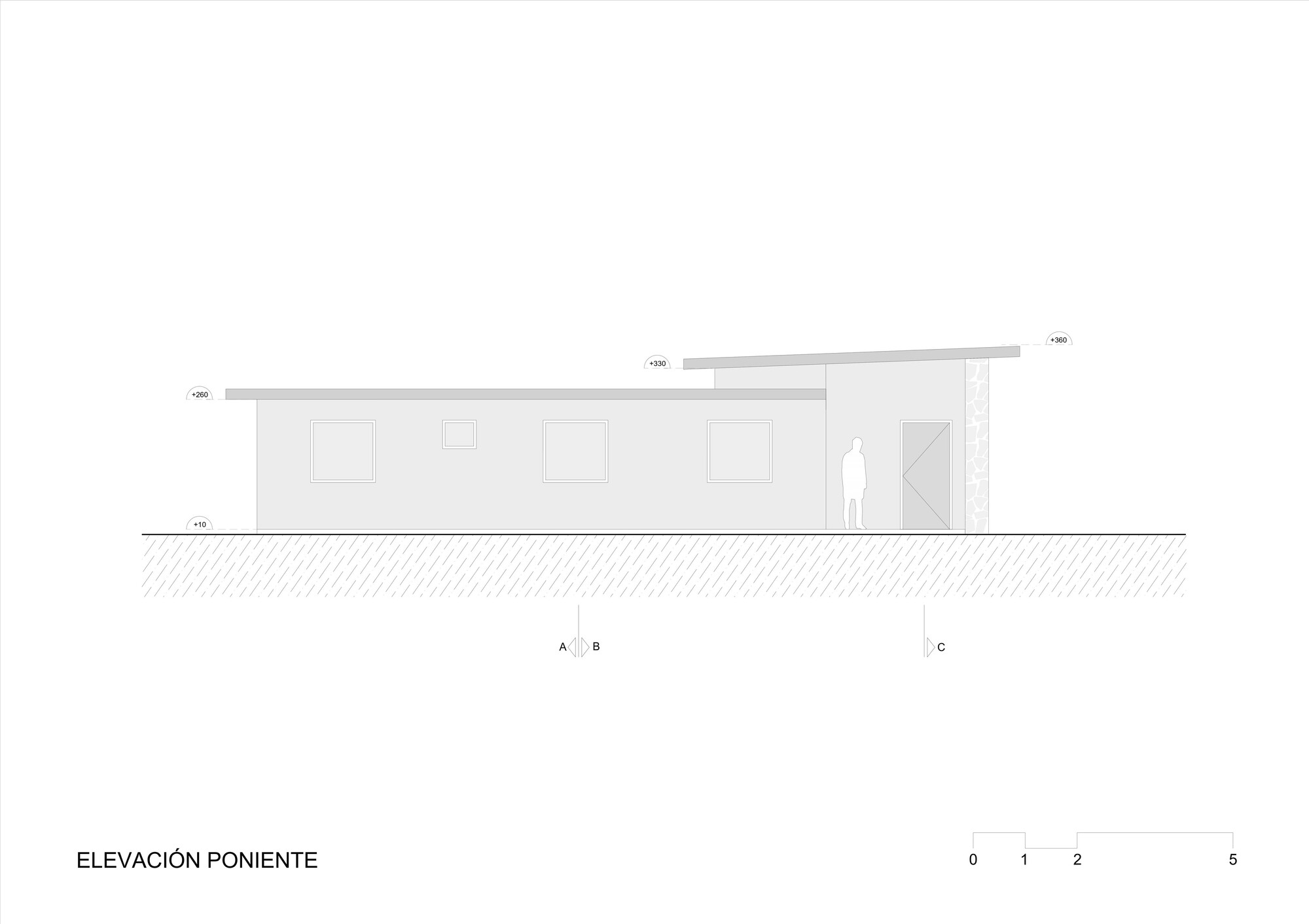 West elevation drawing showing the stepped roof volumes with clerestory windows and a human figure for scale