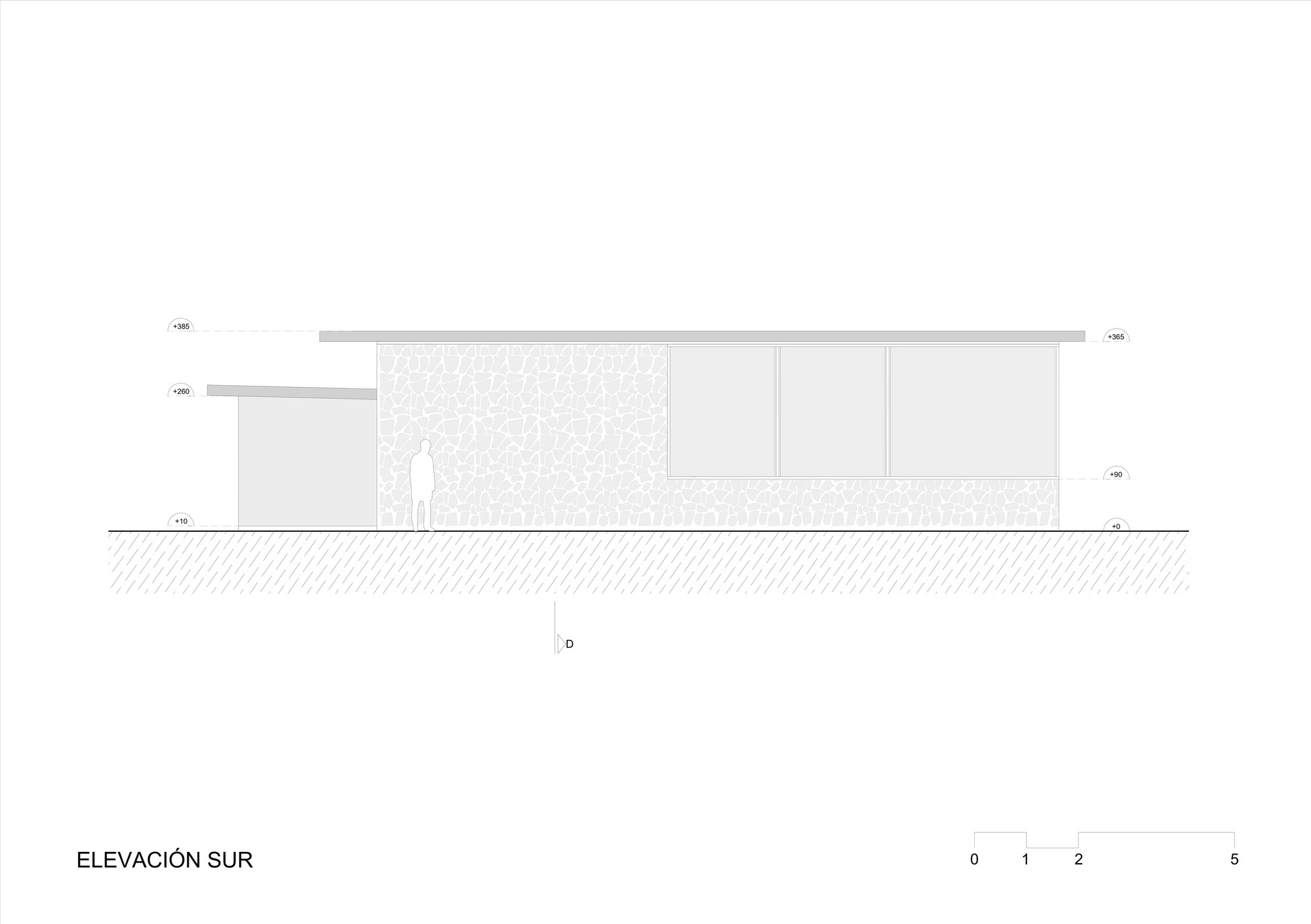 South elevation drawing depicting offset roof planes with textured wall sections and glazed openings