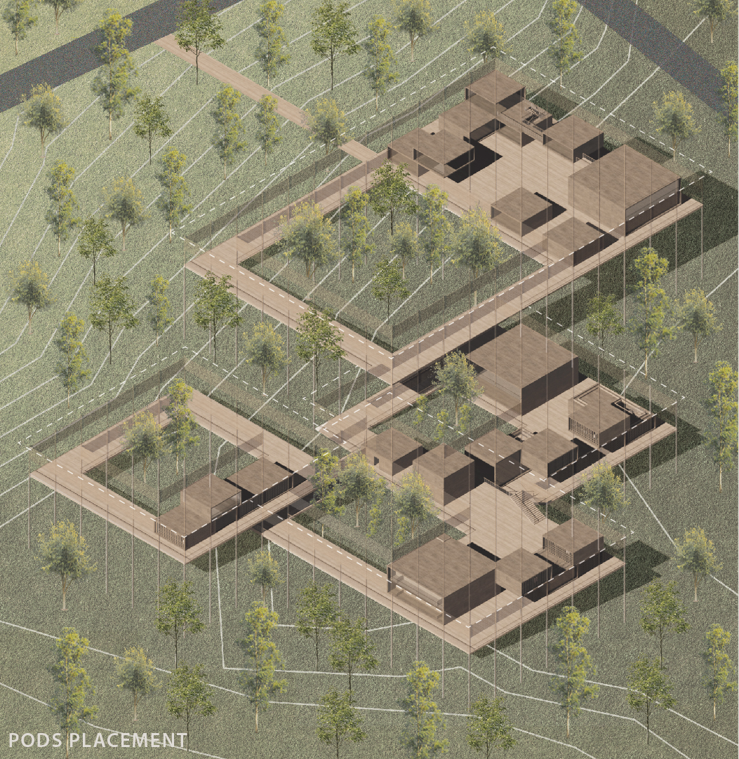 Dispersed modular volumes responding to koala behavior, creating a low-impact sustainable architecture integrated with the natural terrain.