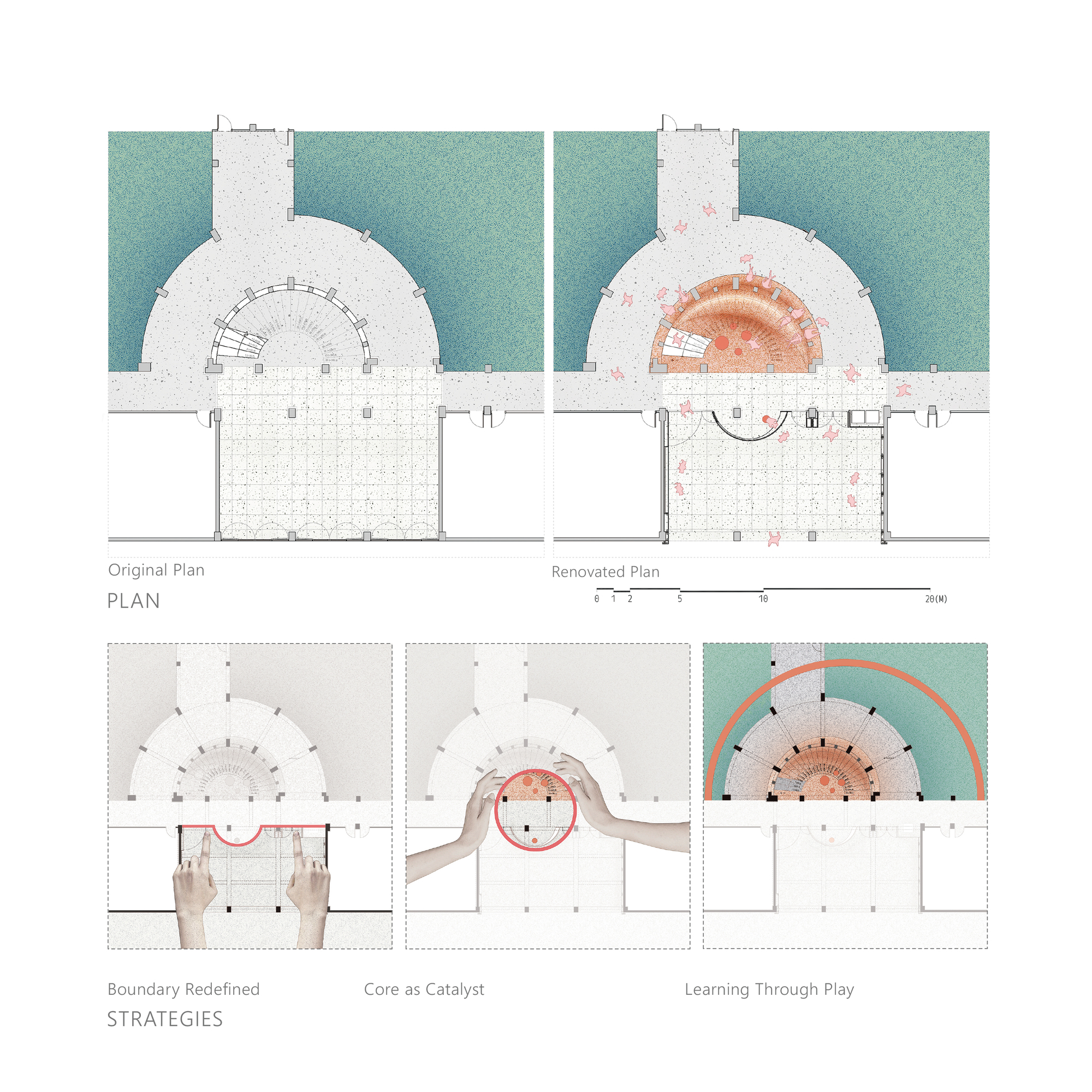 Plan and strategy diagrams comparing original and renovated layouts with semicircular spaces and labeled interventions