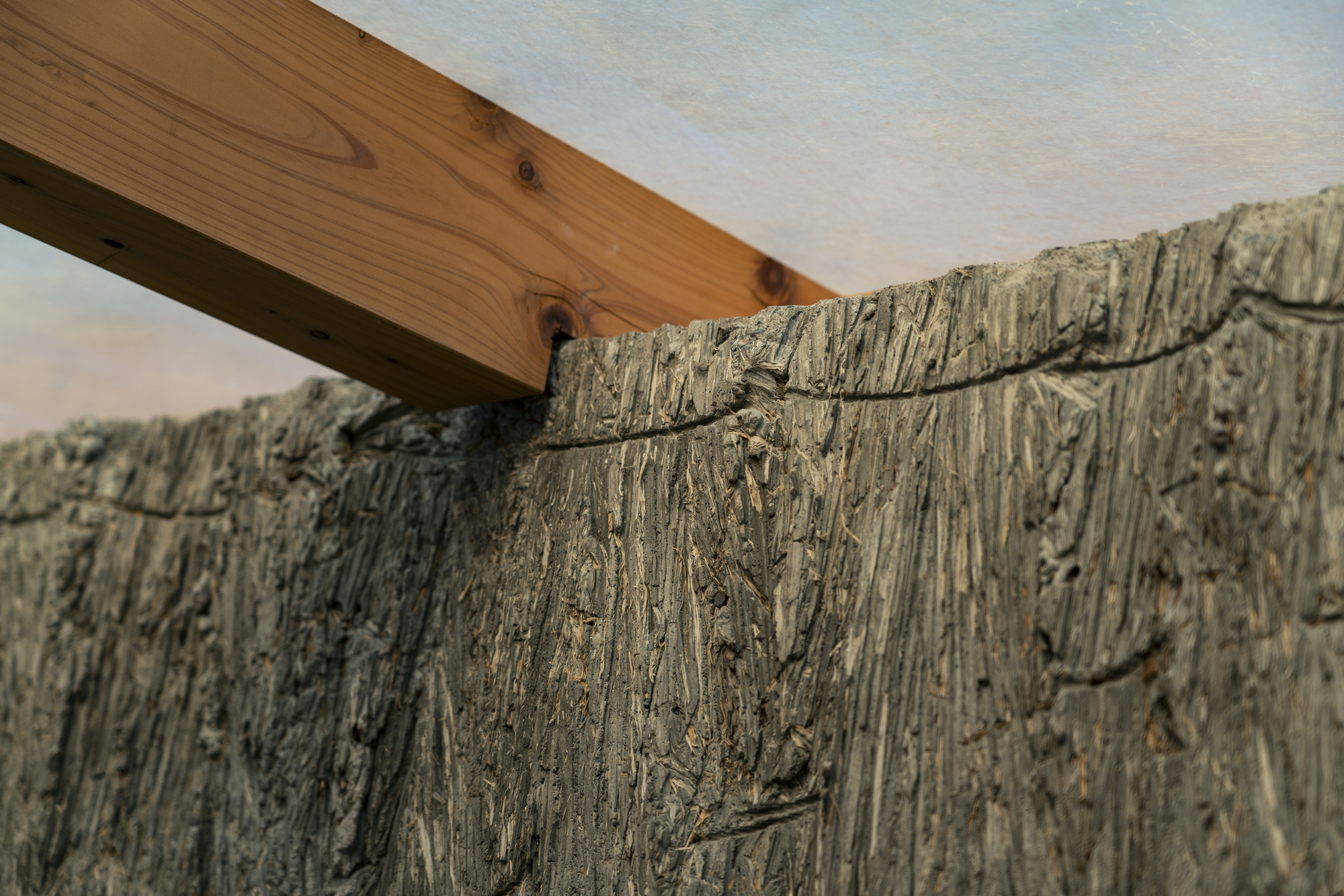 Detail of timber beam meeting the textured hempcrete wall under a white ceiling panel