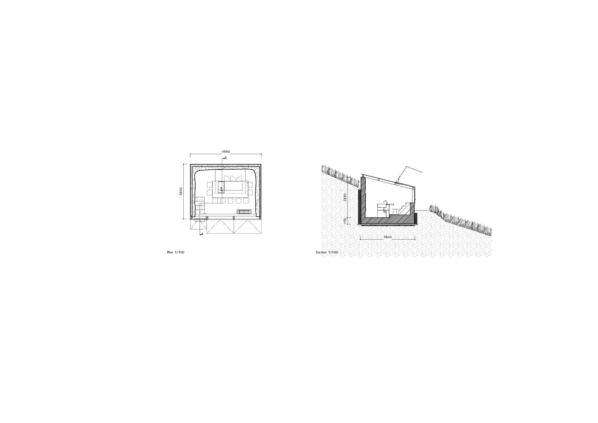 Plan and section drawings depicting a building nestled into the sloped terrain
