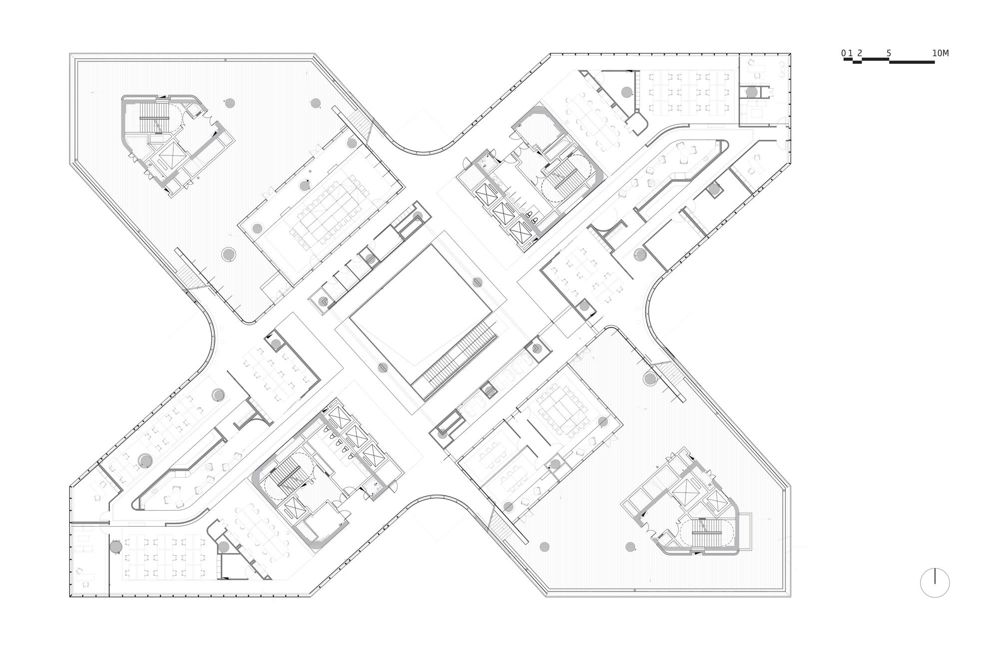 Floor plan drawing illustrating four branching volumes with interconnected rooms and interior courtyards