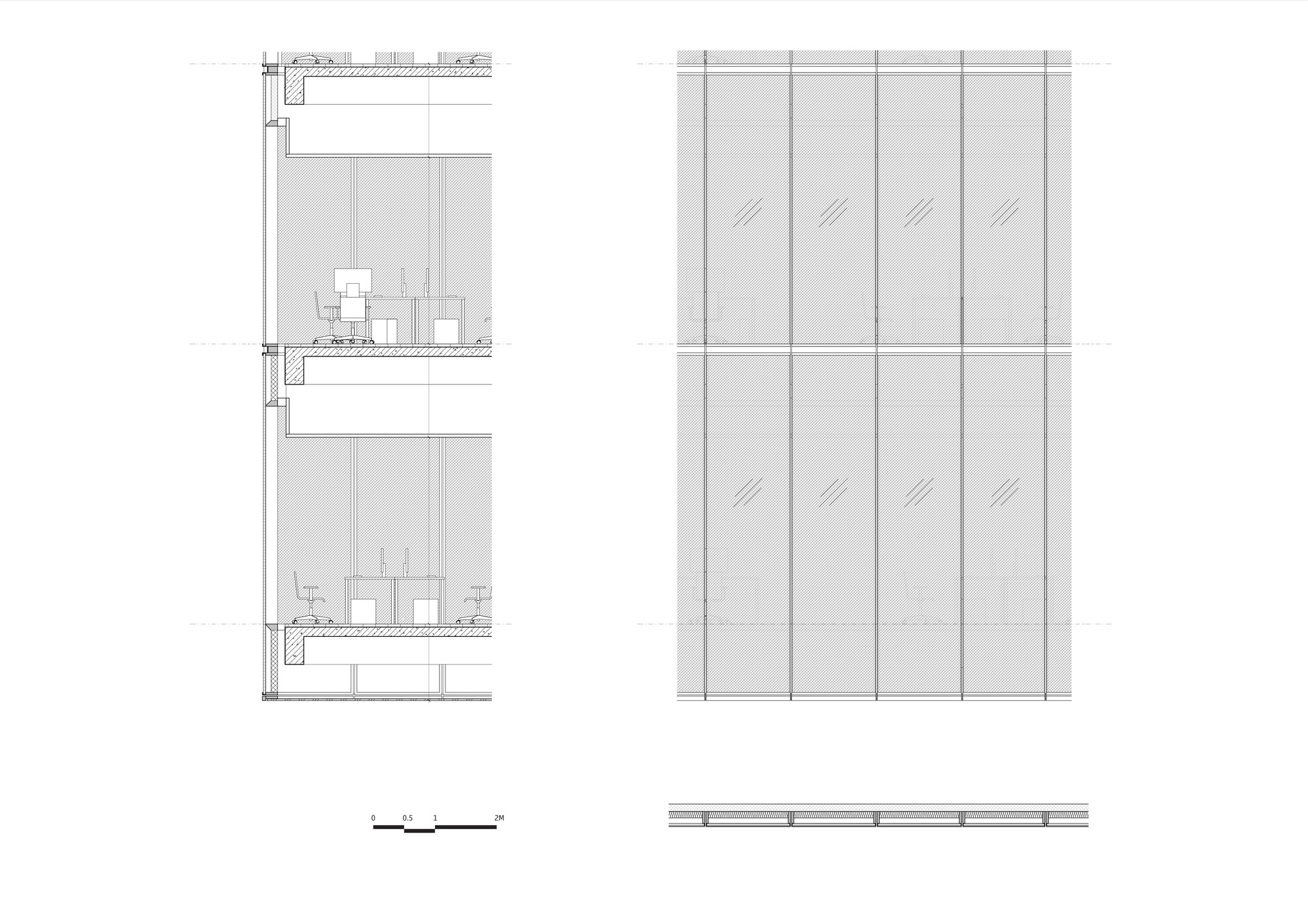 Section drawing and elevation showing two stacked floors with interior furnishings and vertical glass panels