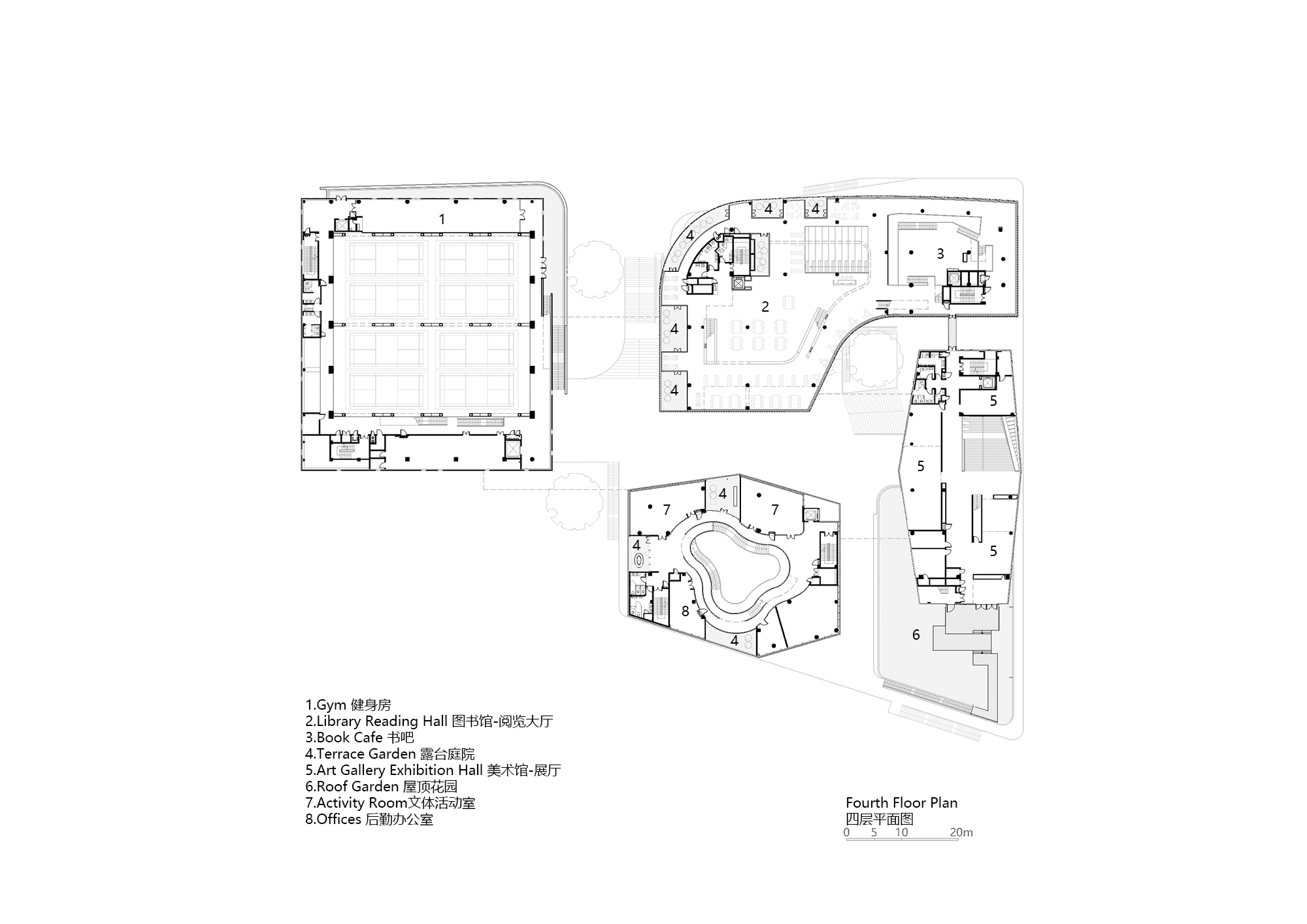 Fourth floor plan drawing showing rectangular gymnasium and two curved organic building volumes with interior subdivisions