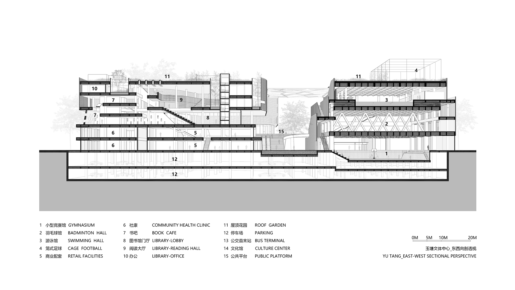 East-west sectional drawing revealing multi-level interior spaces with diagonal circulation paths and underground parking levels