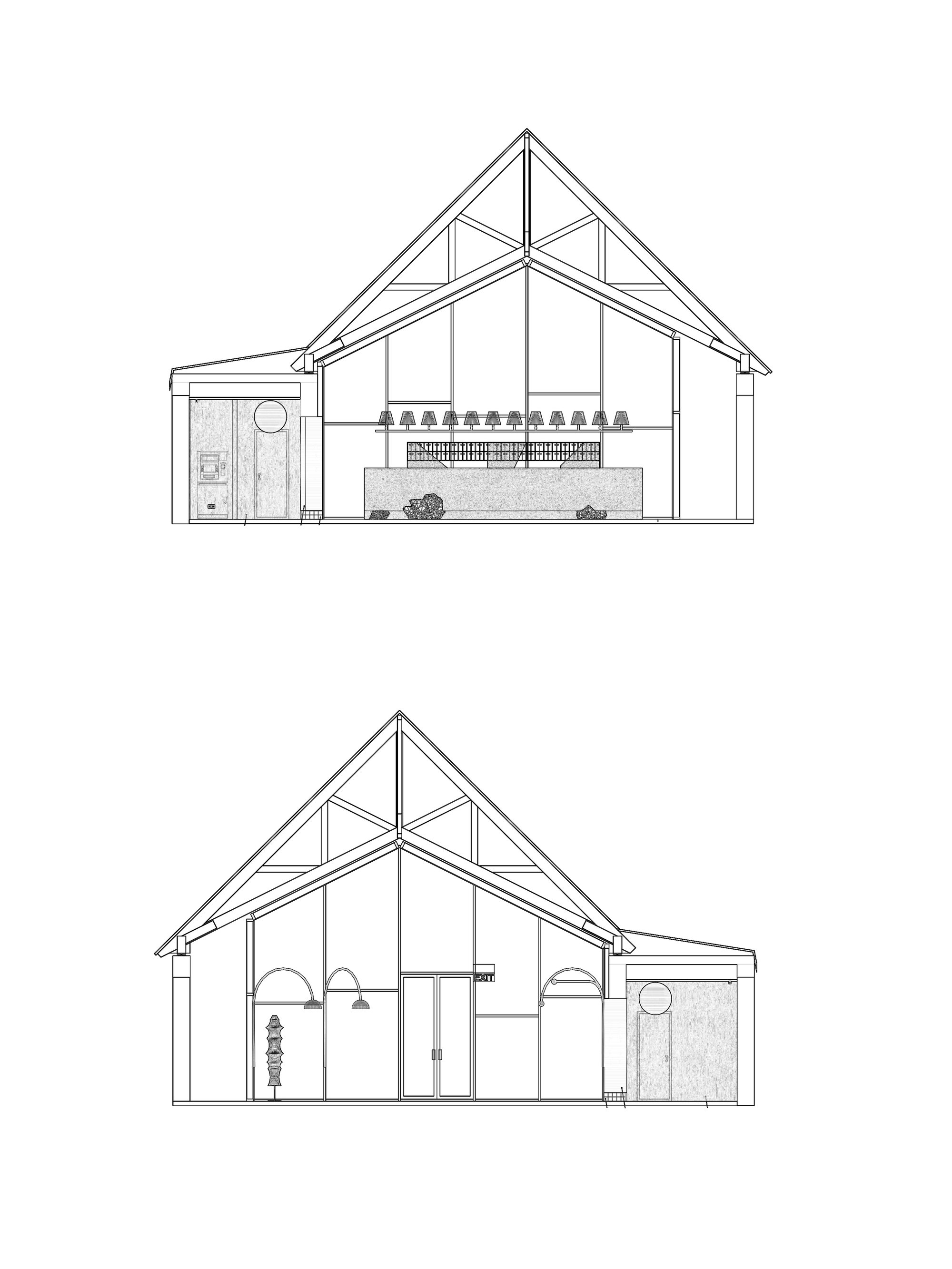 Section drawings showing two views of a gabled volume with exposed timber truss structure and service wing