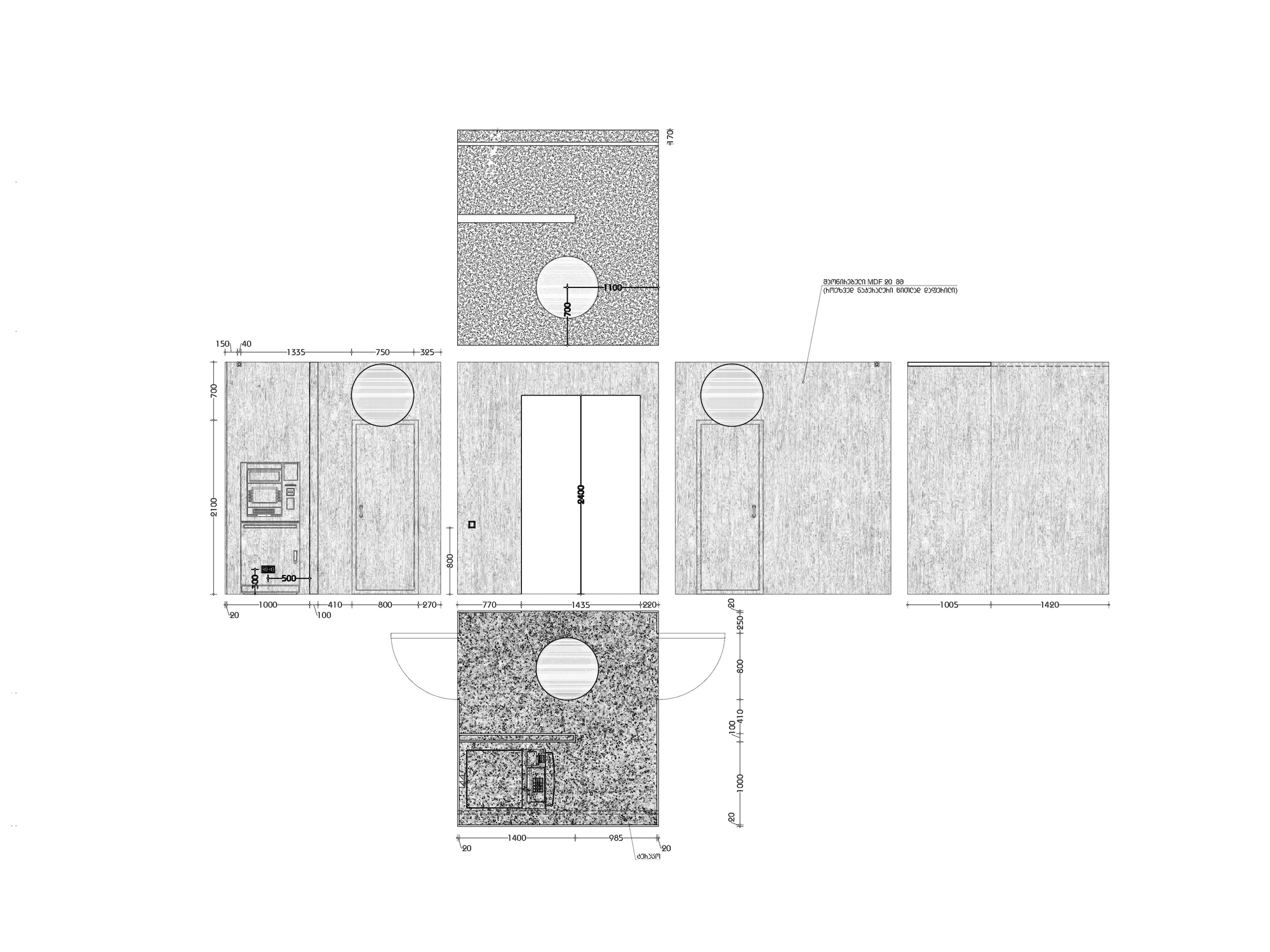 Unfolded elevation drawing displaying four wall panels with circular openings, timber cladding, and a gravel courtyard