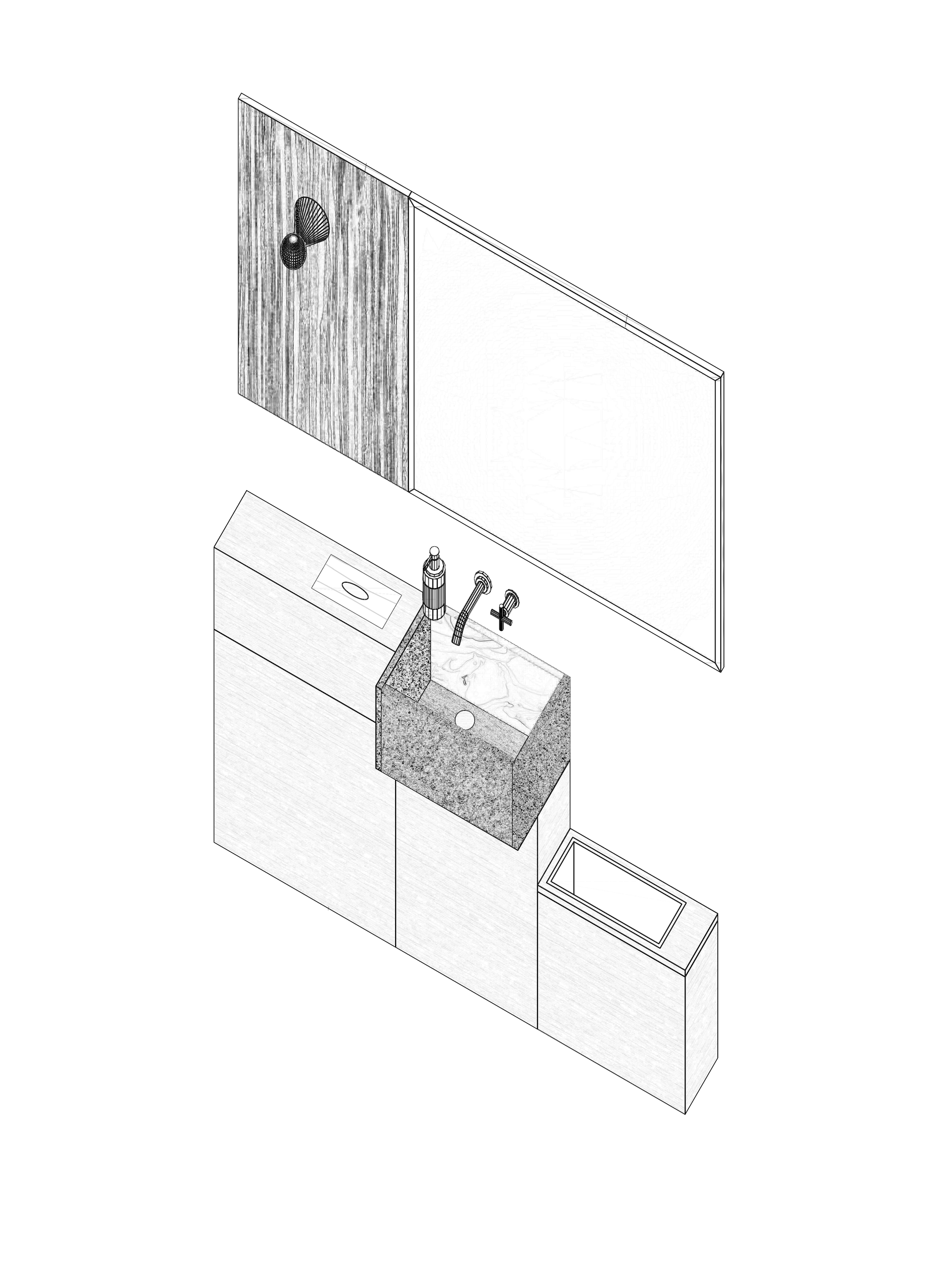 Exploded isometric drawing of a vanity unit with sink, faucet, and vertical timber cladding